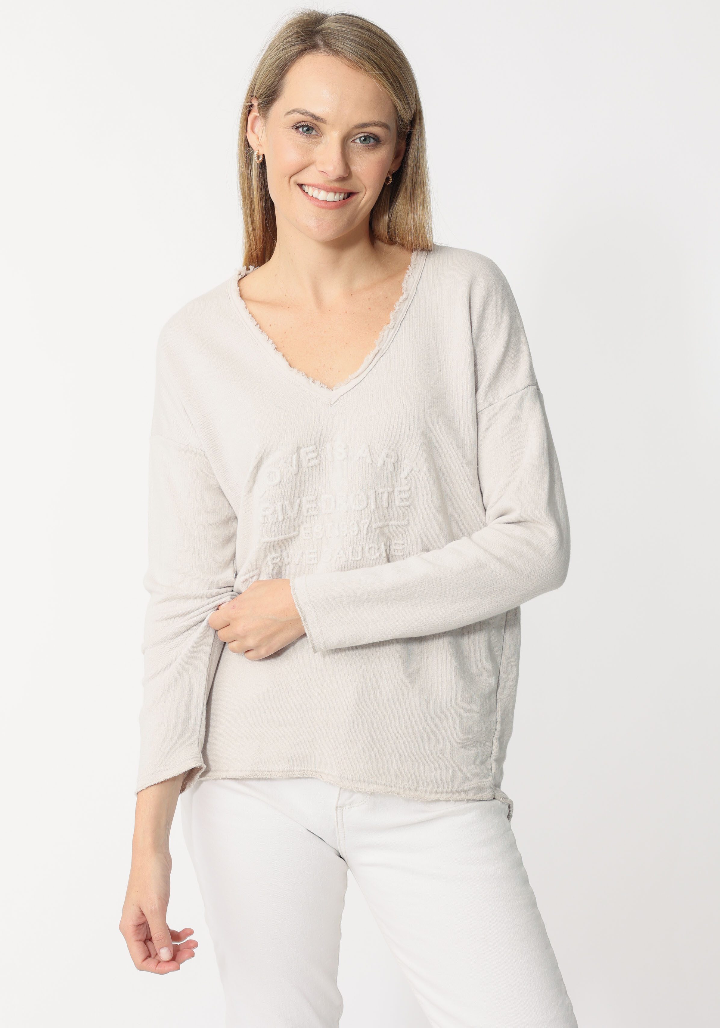 Zwillingsherz Sweatshirt ausgefranster V-Ausschnitt, Vintage Look, Langarm