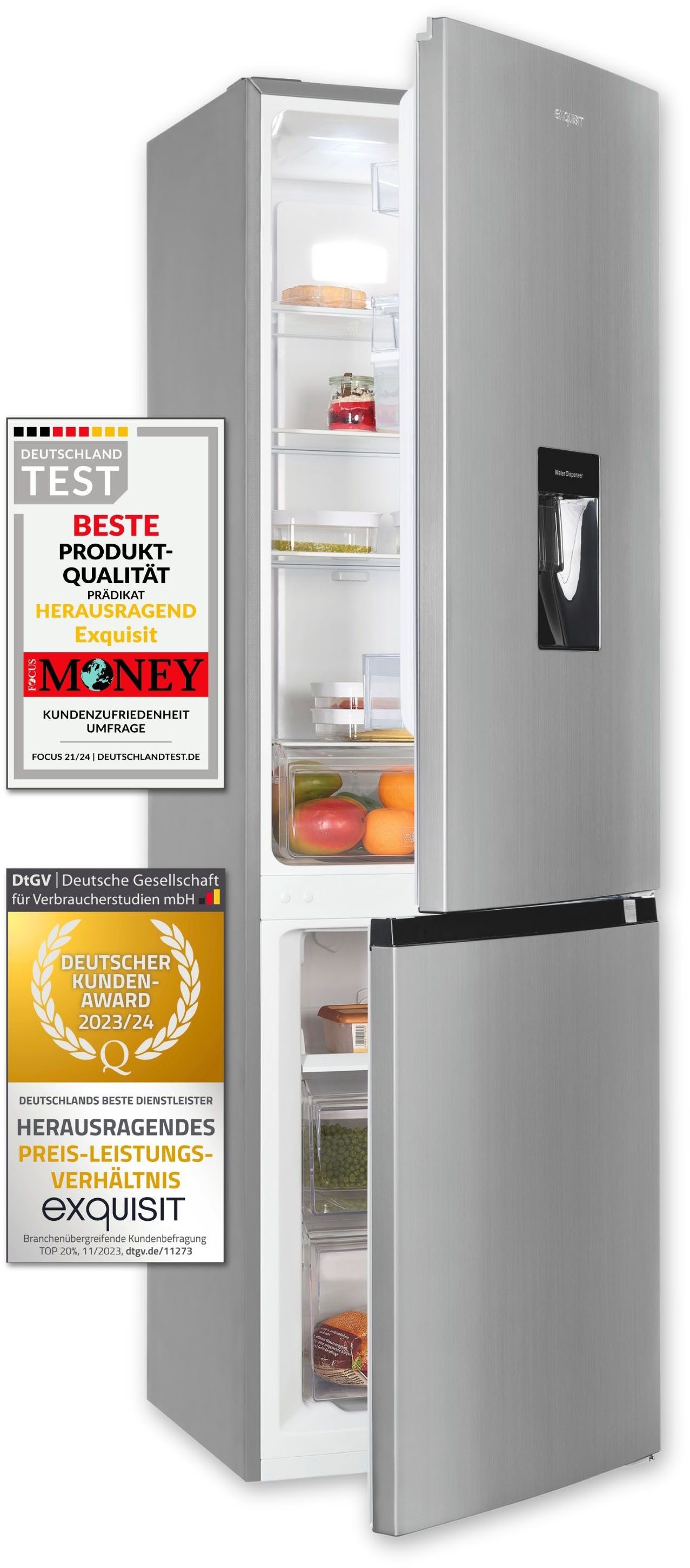 exquisit Kühl-/Gefrierkombination KGC265-70-NF-WS-040C, 180,5 cm hoch, 54 cm breit, EEK C, 251 L Nutzinhalt, NoFrost, Wasserspender