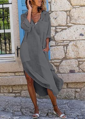 BlauWave Dirndl Leinenkleid Sommerkleid Damen Ärmel Langes Kleid (1-tlg) Freizeitkleid mit Taschen Blusekleid