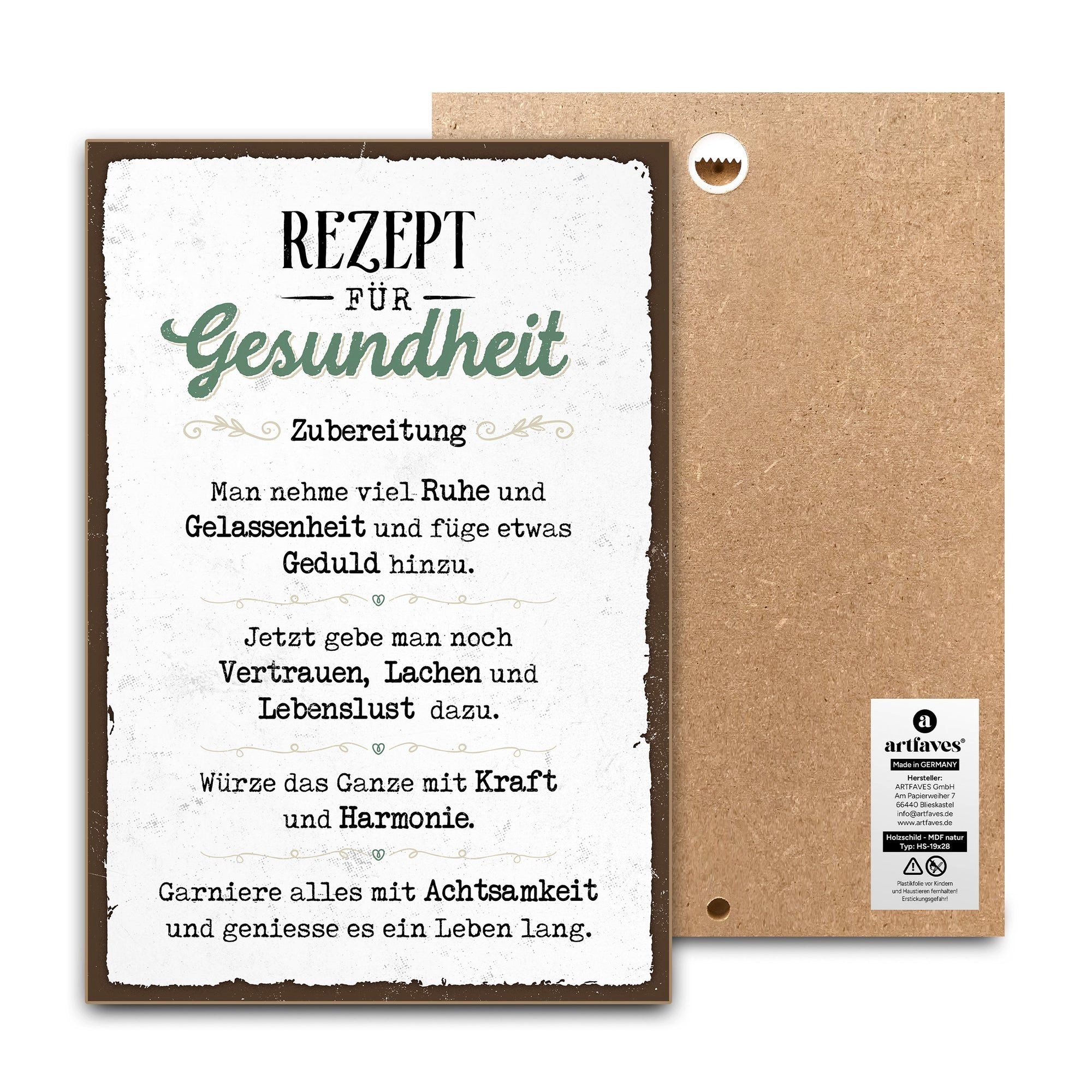 ARTFAVES Holzbild Schild mit Spruch - Rezept für Gesundheit - Glücklichsein, Achtsamkeit