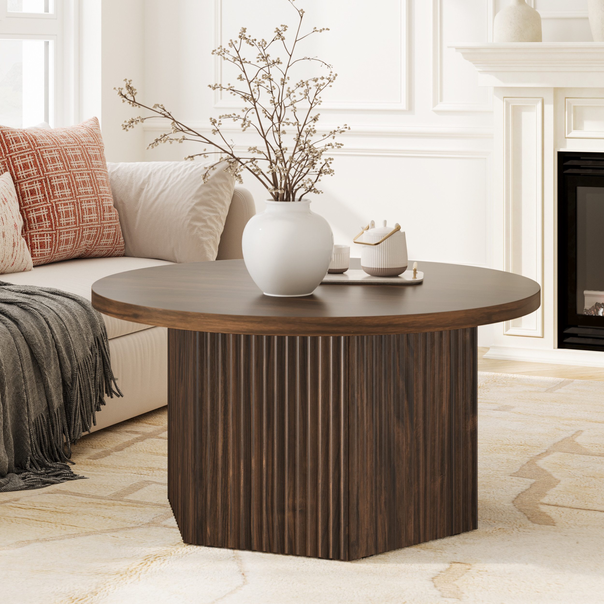 FABATO Couchtisch rund Ø 80 cm mit Liftfunktion, höhenverstellbar 50–61 cm (1-St), versteckter Stauraum und Trommelsockel in 3D-Rillenoptik, Dunkelbraun