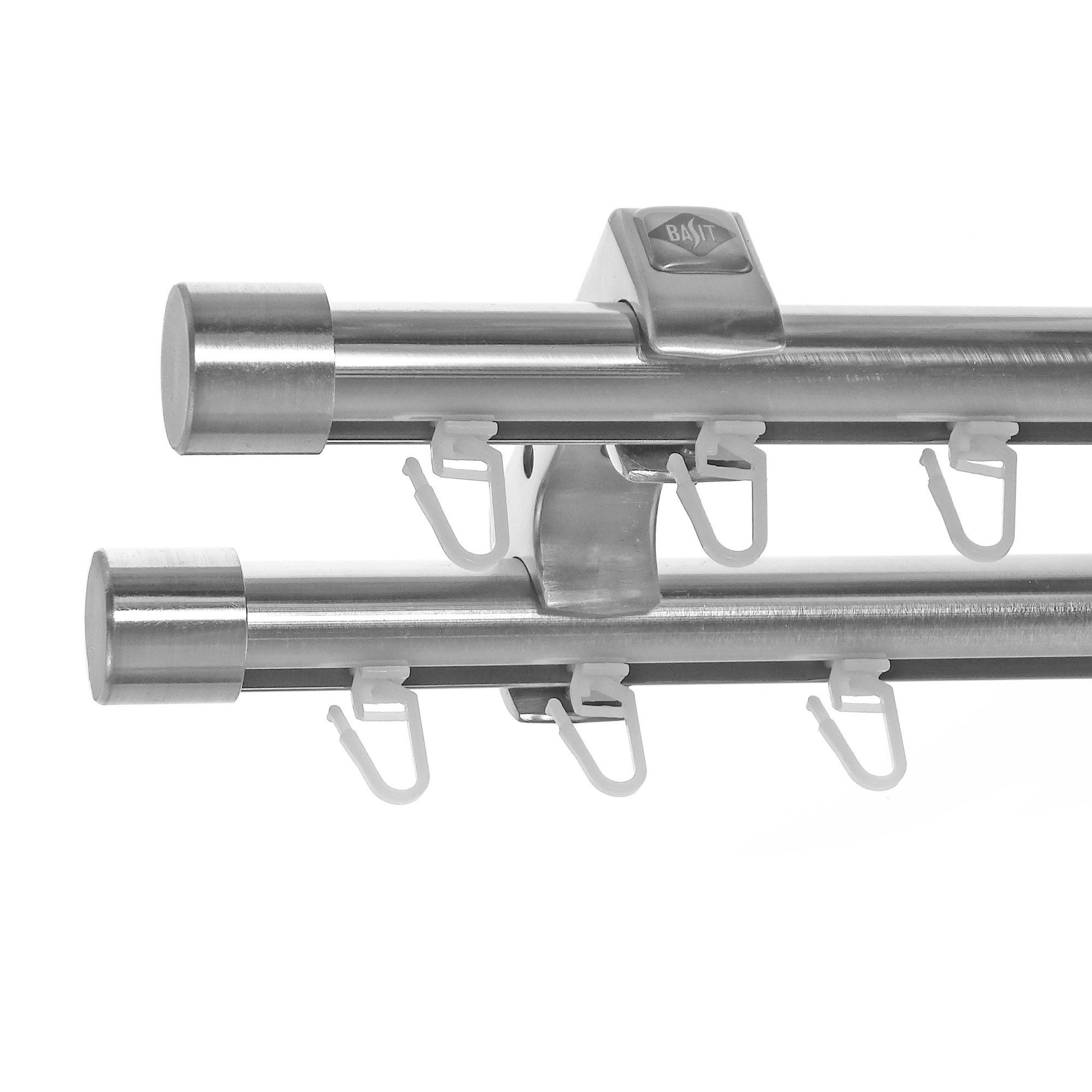 BASIT Gardinenstange Innenlauf Edelstahloptik 20mm mit Deckenträgern 240 cm E30, Ø 20 mm, 2-läufig, verschraubt, Aluminium, D60II 240 cm E30 Kappe
