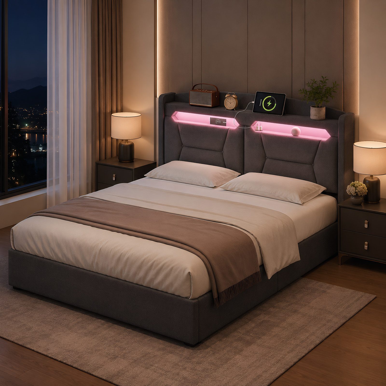 Simurq Polsterbett Doppelbett mit LED und USB, Hydraulisch Stauraumbett mit Bettkasten (Packung, Ohne Matratze), Jugendbett Bettgestell Mit Lattenrost, Ablage Kopfteil, Leinen