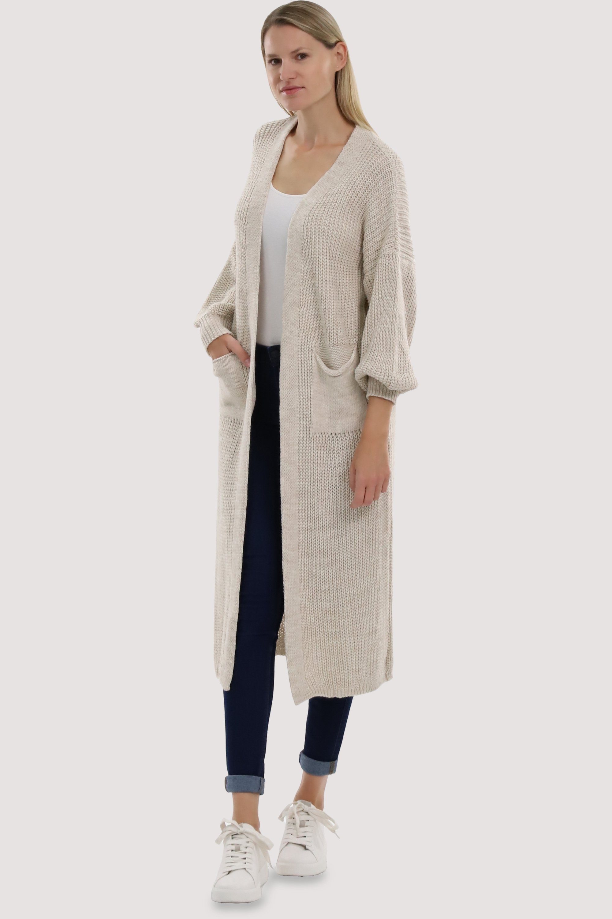 malito more than fashion Longstrickjacke 3151 offene lange Strickjacke in Grobstrick-Optik beige