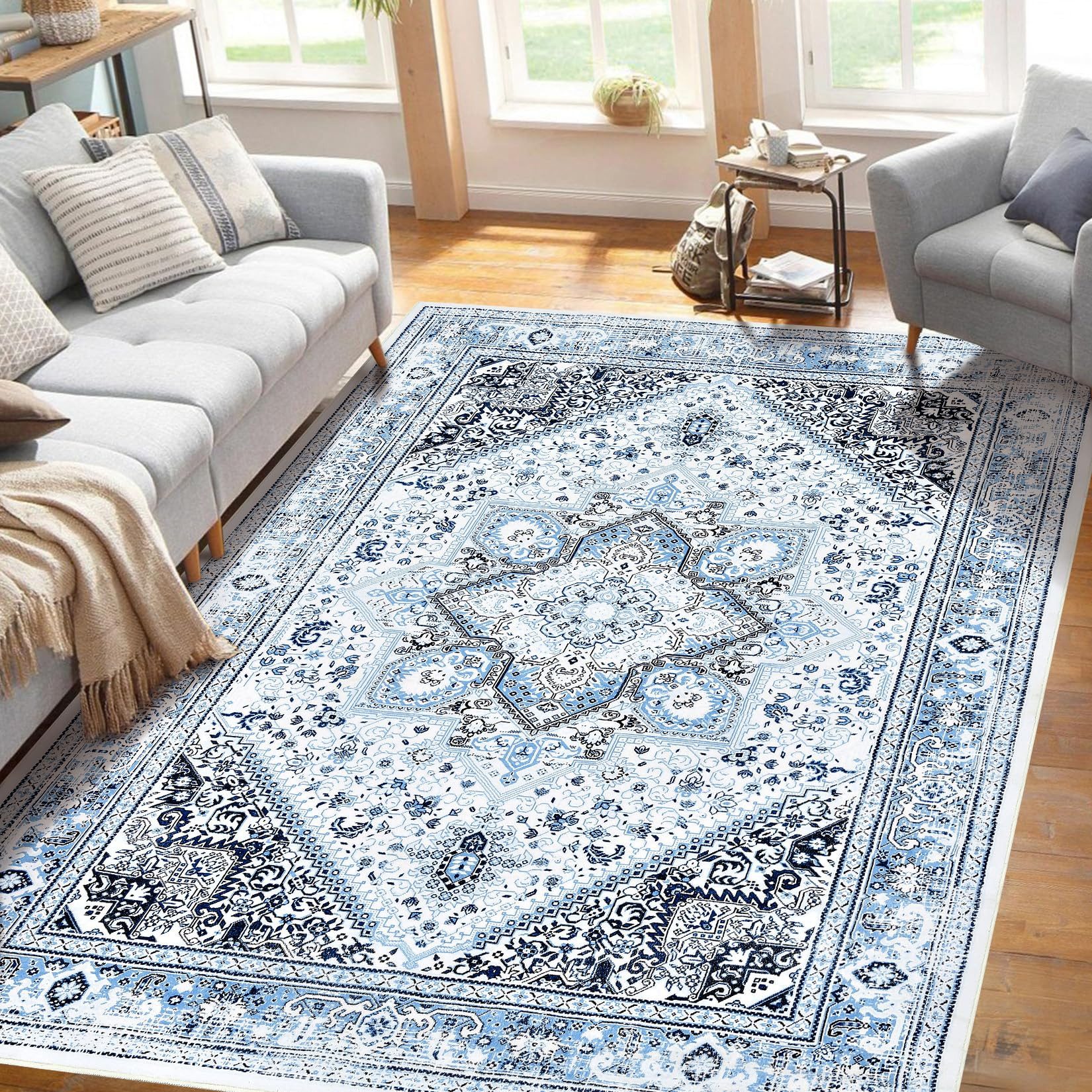 GarveeMore Teppich Vintage Anmut Orientteppich Niedrigflor-Teppich Designteppich, rechteckig, Maschinenwaschbar Rutschfest für Wohnzimmer, Schlafzimmer, Küche, Flur