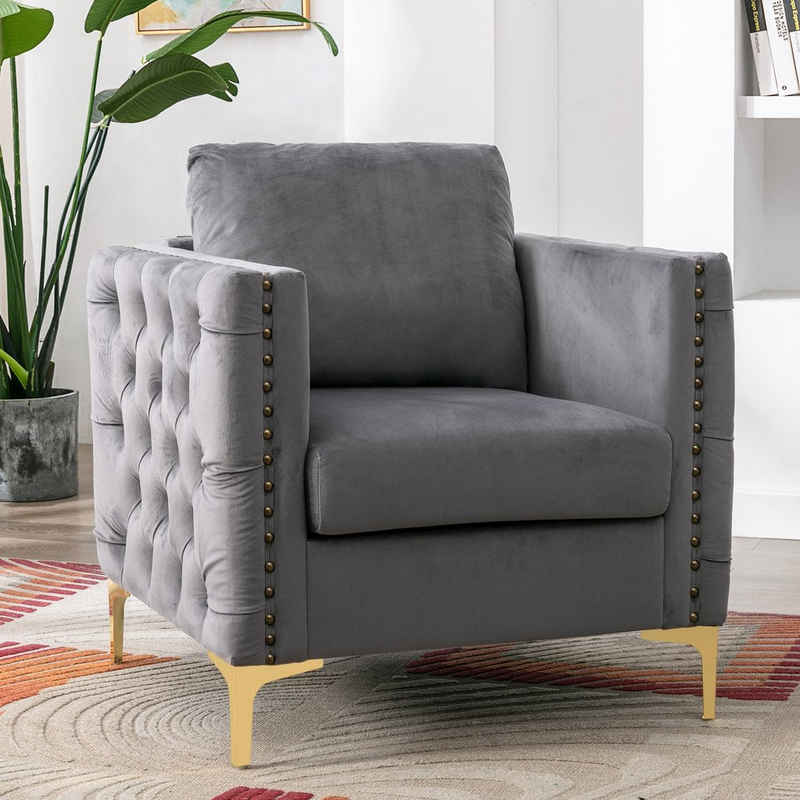 Merax Chesterfield-Sessel »Before Sunrise«, mit Armlehne und goldenen Beinen, Relaxsessel aus Samt und Holz, Armlehnensessel, Fernsehsessel