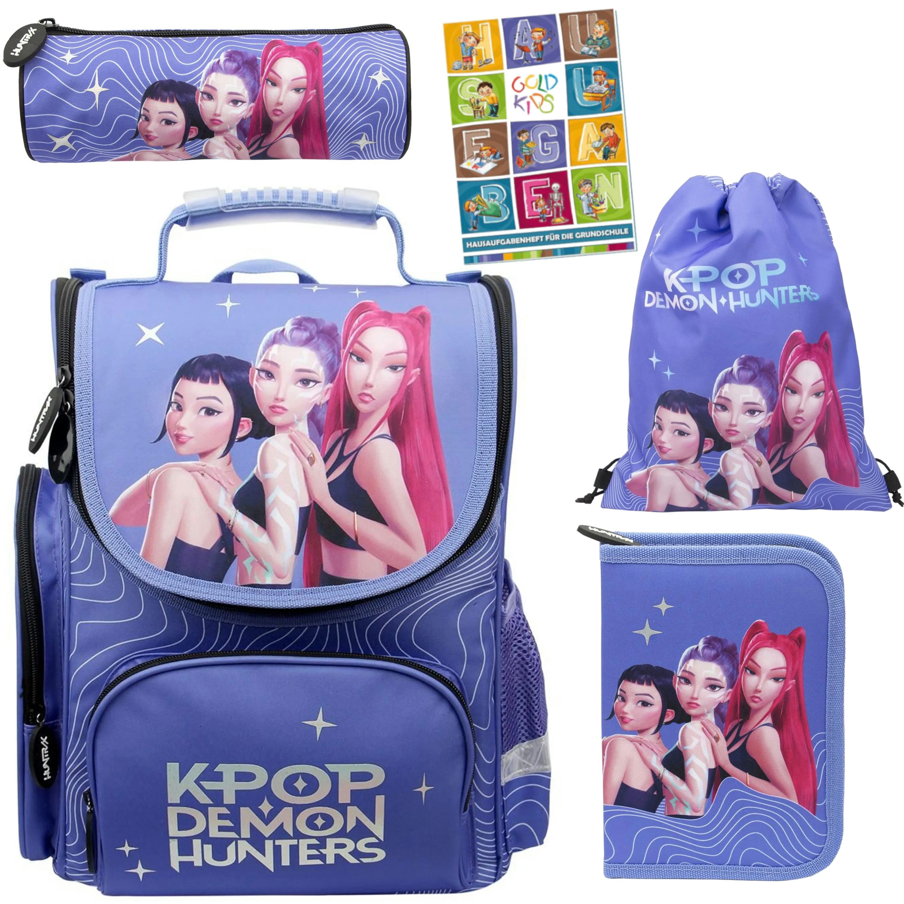 GOLDKIDS Schulranzen für Jungen und Mädchen, 5er-Set - (Schul-Rucksack für Kinder mit Federmäppchen, 1-tlg., - Schuhbeutel Schlampermäppchen und Hausaufgabenheft), - K-POP Motiv