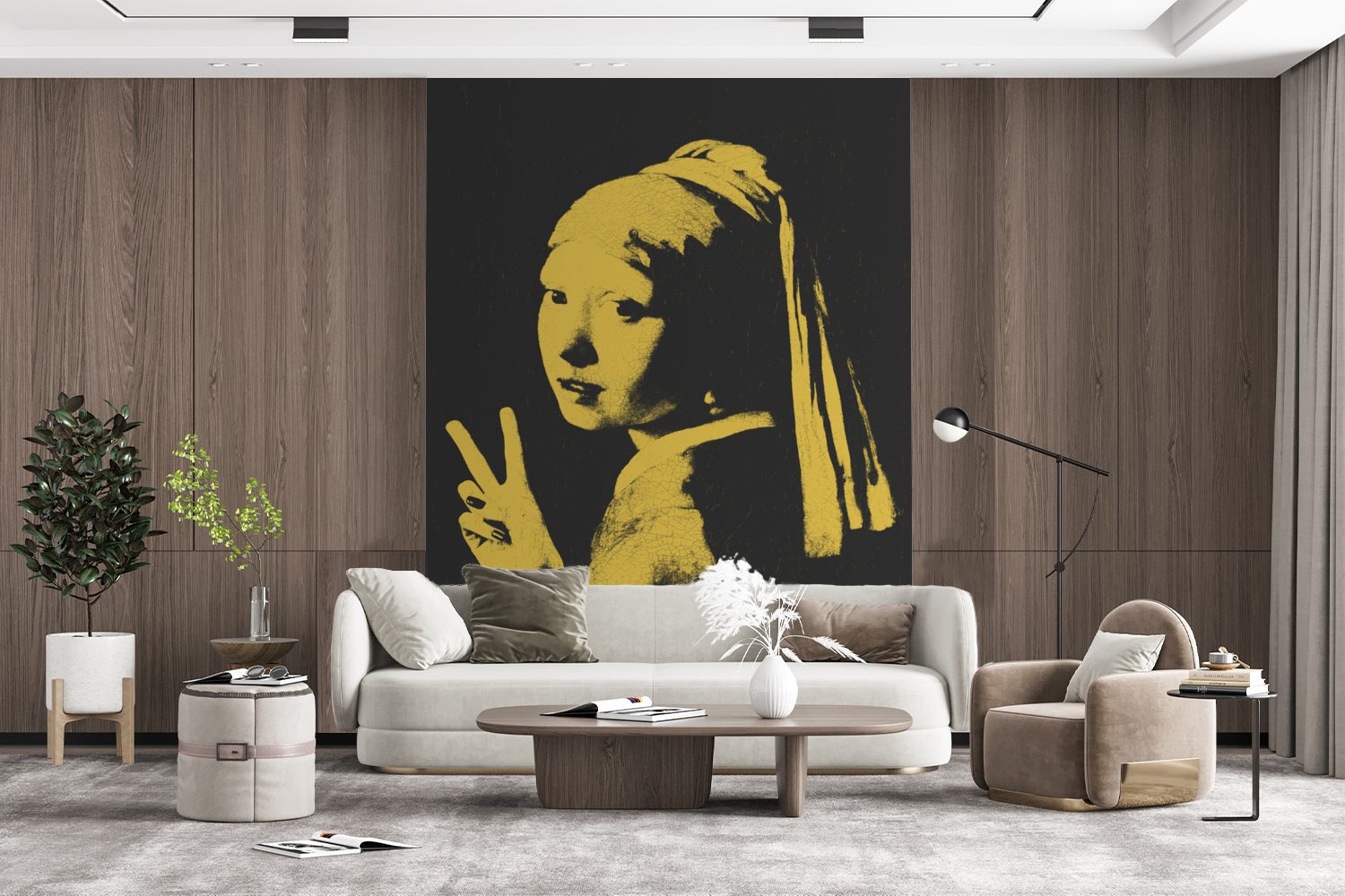 Matt, Mädchen (4 MuchoWow Wohnzimmer, bedruckt, St), - Wandtapete Schwarz für Gelb, Tapete Perlenohrring Vinyl Montagefertig - - Fototapete mit Vermeer
