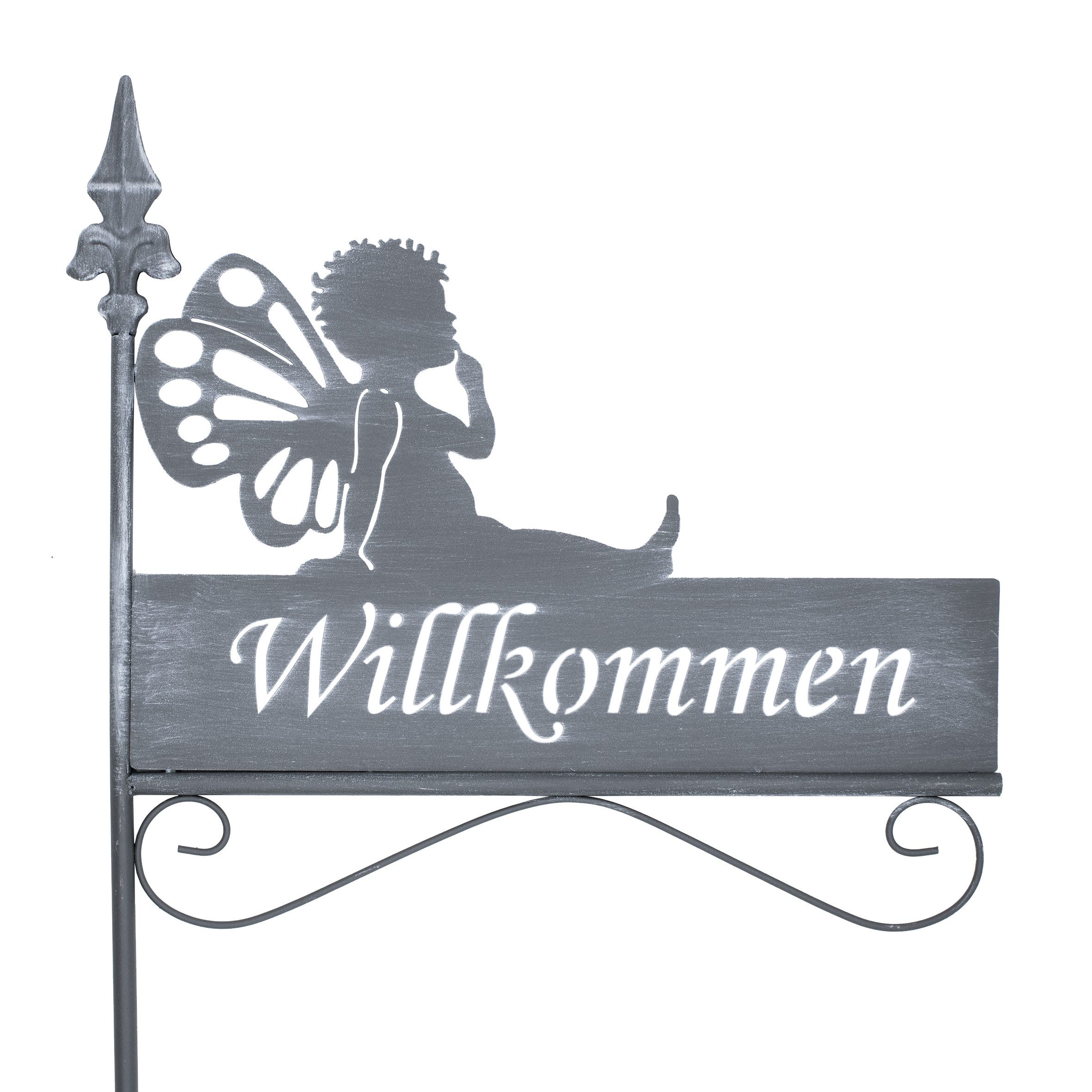 Spetebo Gartenstecker Gartenstecker mit Schriftzug 128 x 42 cm - WILLKOMMEN (Stück, 1-St., Gartenschild) Deko Gartenstab aus Metall in grau