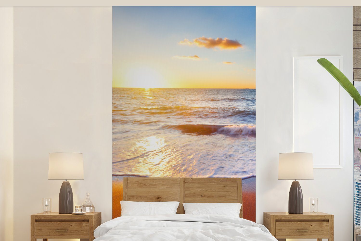 MuchoWow Fototapete Strand - Meer - Sonne - Horizont, Matt, bedruckt, (2 St), Vliestapete für Wohnzimmer Schlafzimmer Küche, Fototapete