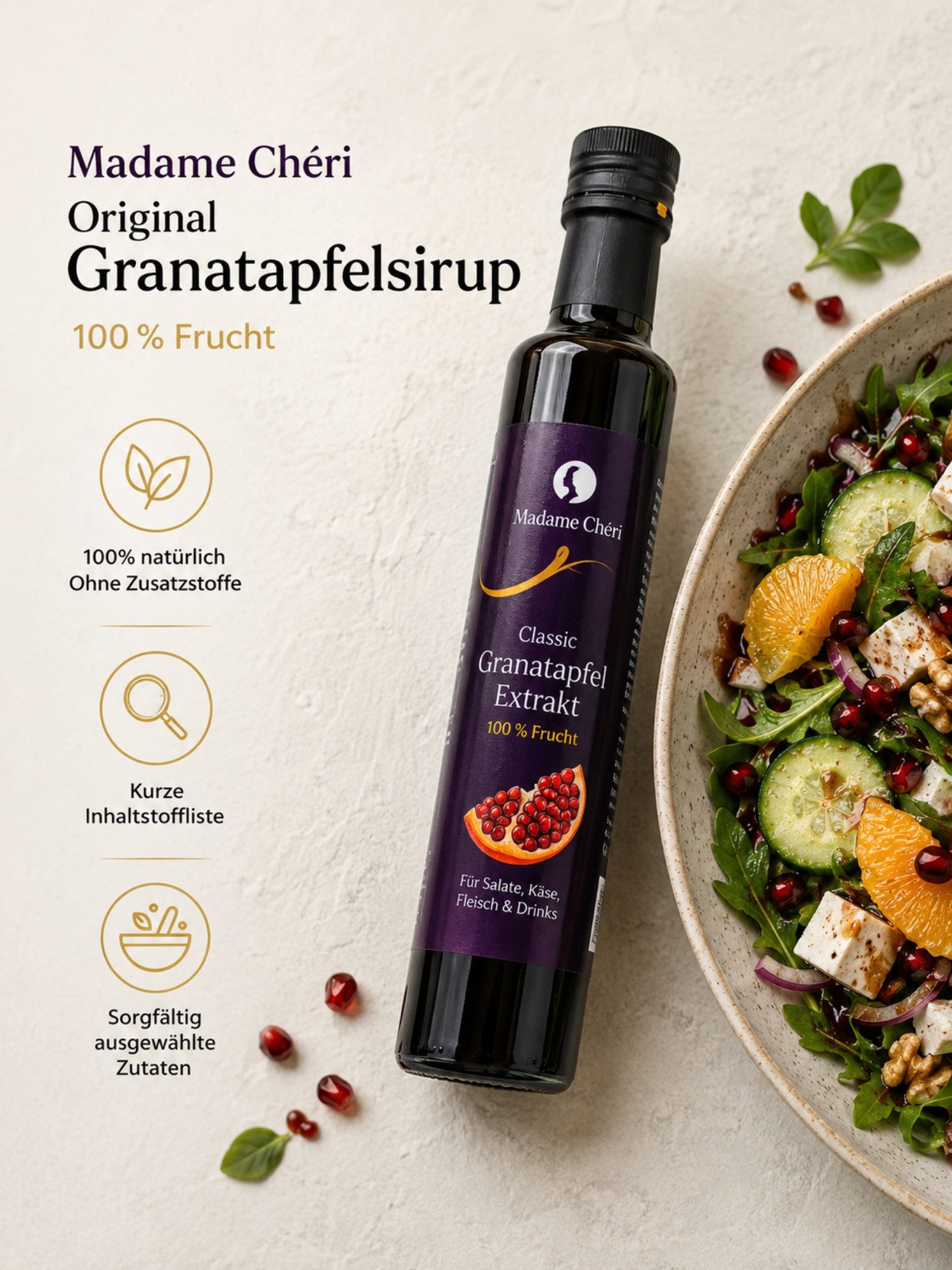 Madame Chéri Sirup Premium Granatapfelextrakt 100% Frucht, 330 g, 100 % Granatapfelextrakt, ohne Zusatzstoffe, vielseitig verwendbar