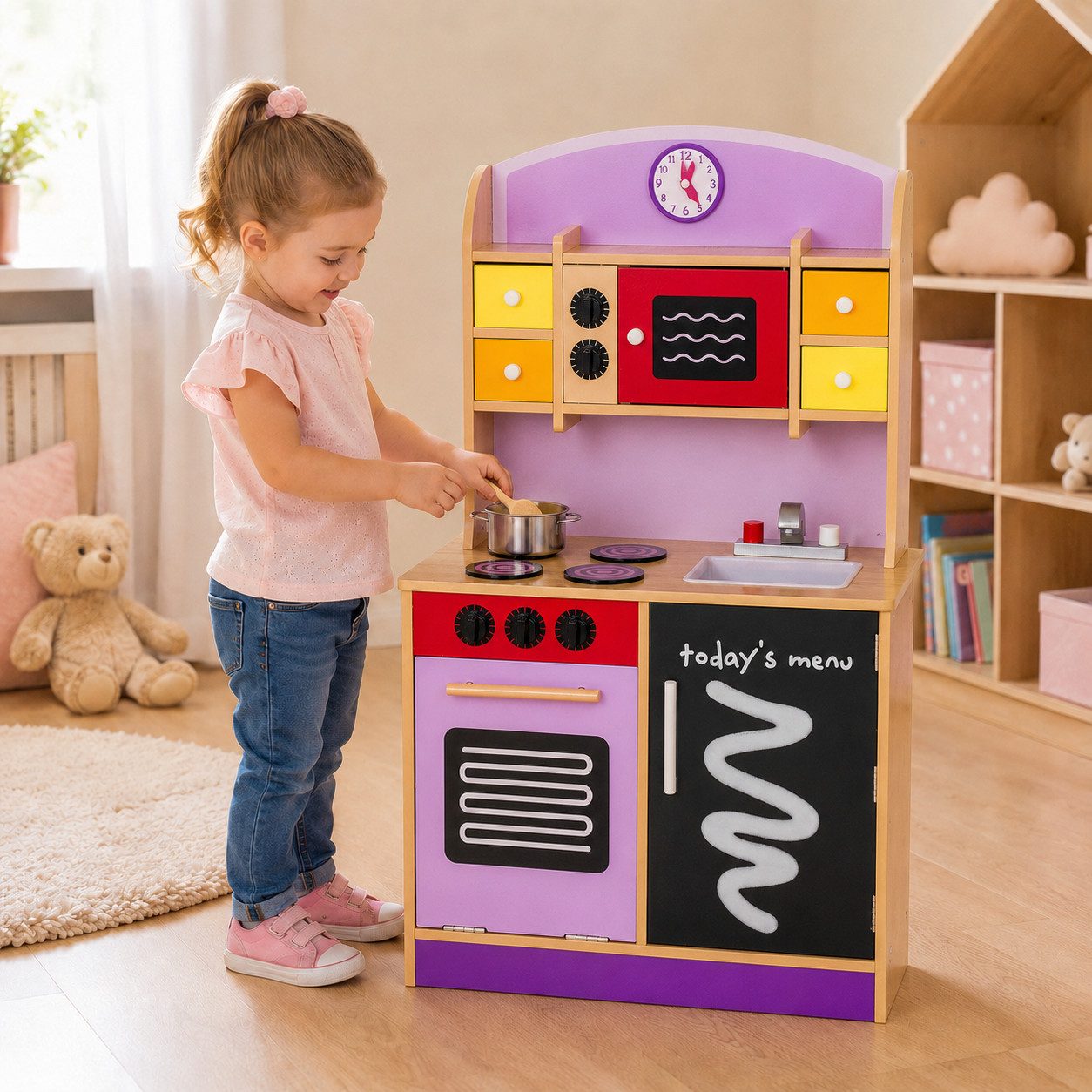 Best for Kids Spielküche Holzspielküche – Lila mit Ofen, Spüle & Herd Set für Kinder Holz, bewegliche Uhrzeiger, zusätzlicher Stauraum unter der Spüle