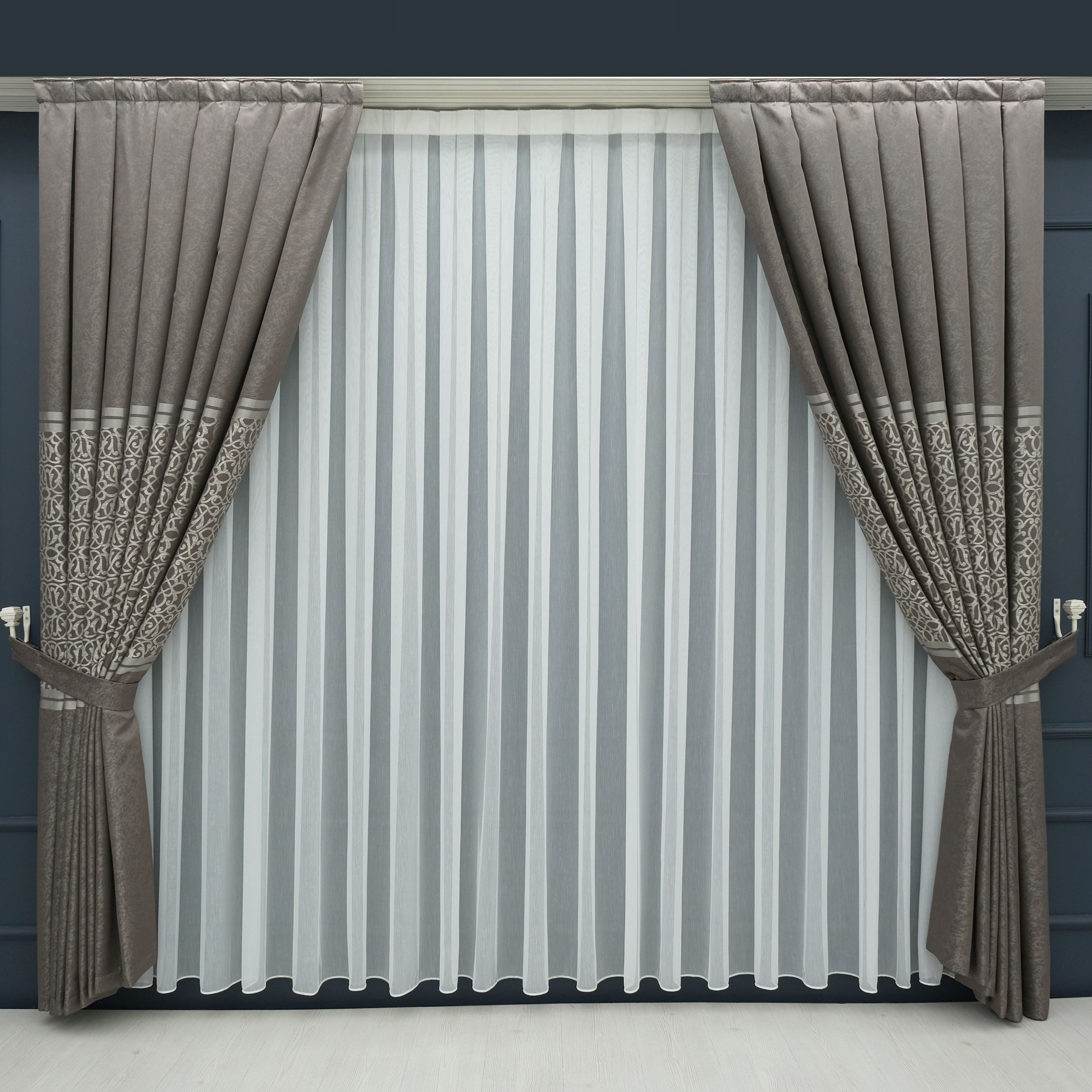 Gardinen by Justyna Vorhang Braun Falten Fon Gardine Komplett Set (5 St), Kräuselband, halbtransparent, Fertiggardine,Hochwertiggardine,Turkischegardine,Perde,Pileli Tül