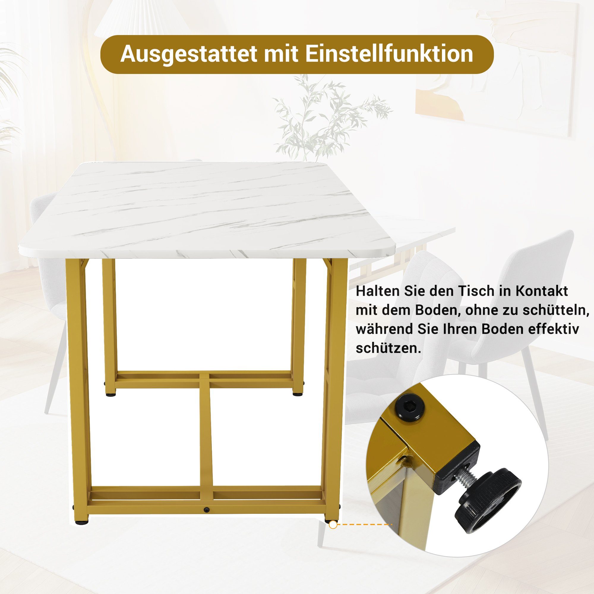 Essgruppe, (120x70 cm Küchentisch mit 4x Polsterstühlen), mit Verstellbare Stuhlbeine, Samt Esszimmerstuhl, Metallbeinen