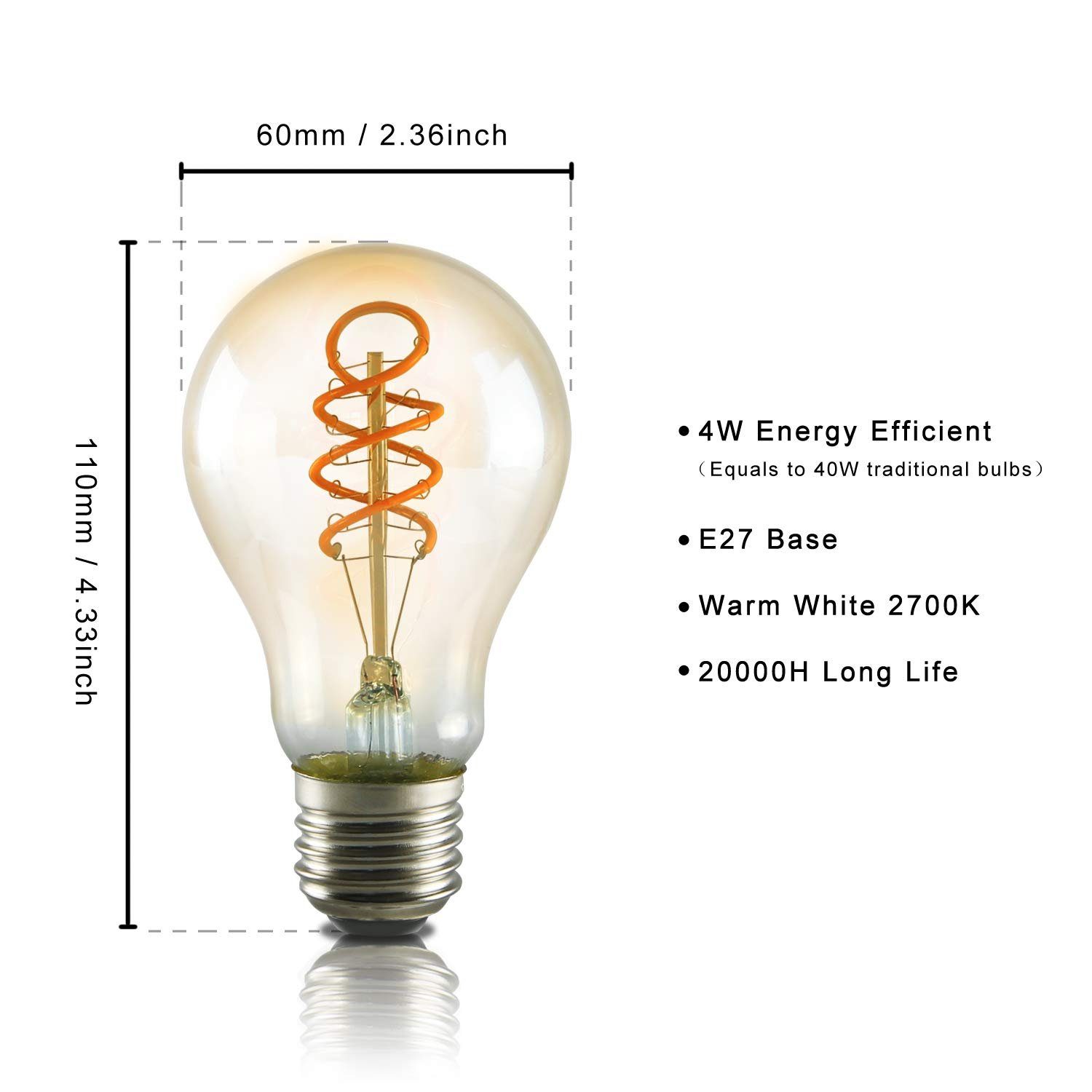 ZMH LED-Leuchtmittel Edison Vintage Glühbirne 4W Glühlampe A60 Antike Bulb Ideal Nostalgie, E27, 6 St., Warmweiß, Warmweiß