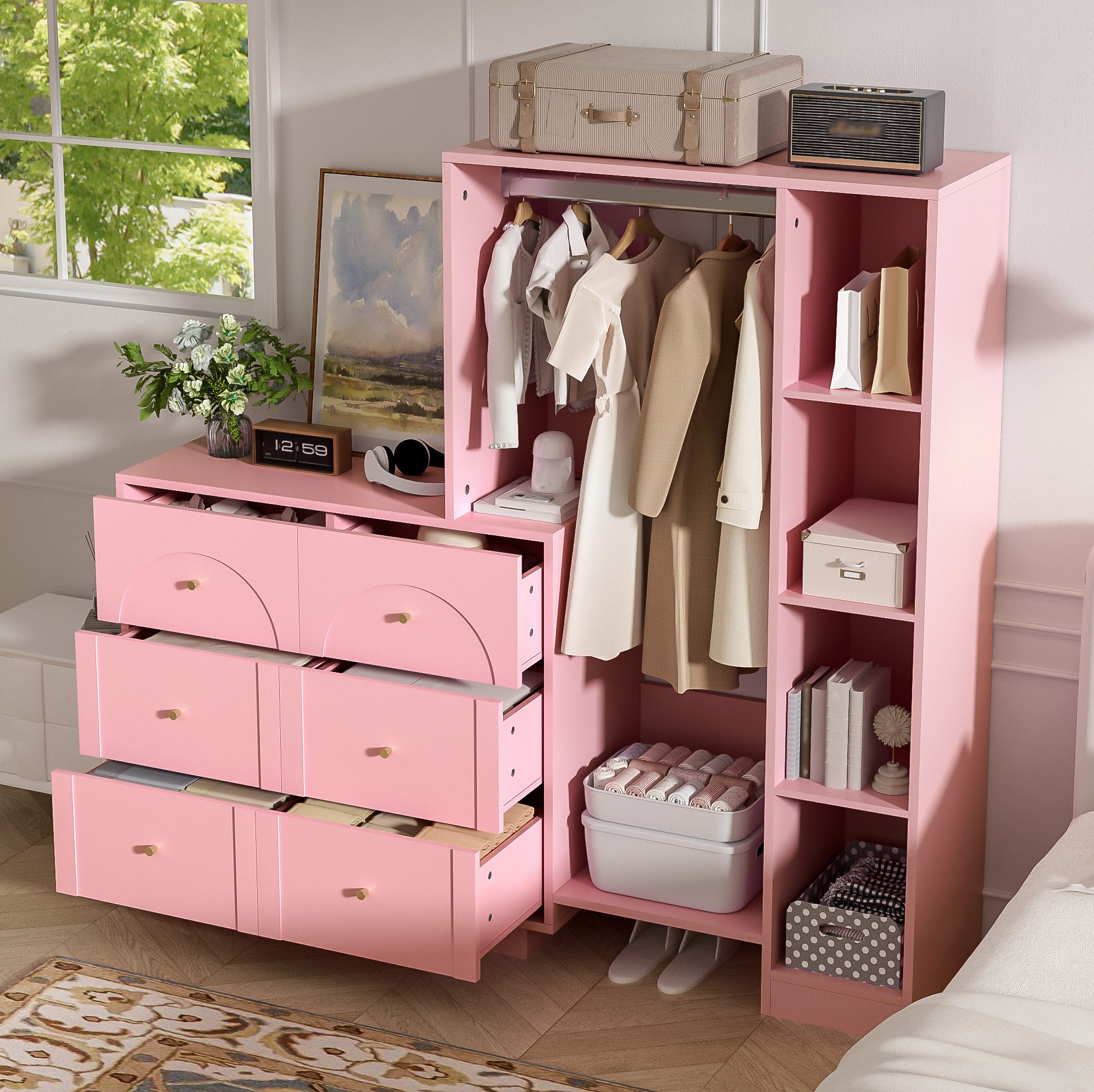 REDOM Kleiderschrank Garderobenschrank, offene Kleideraufbewahrung mit Stange (6 Schubladen und seitlichen Regalen, vielseitiger Mehrzweckschrank mit viel Stauraum, 139×35×133 cm, Kleiderständer Aufbewahrungsschrank)