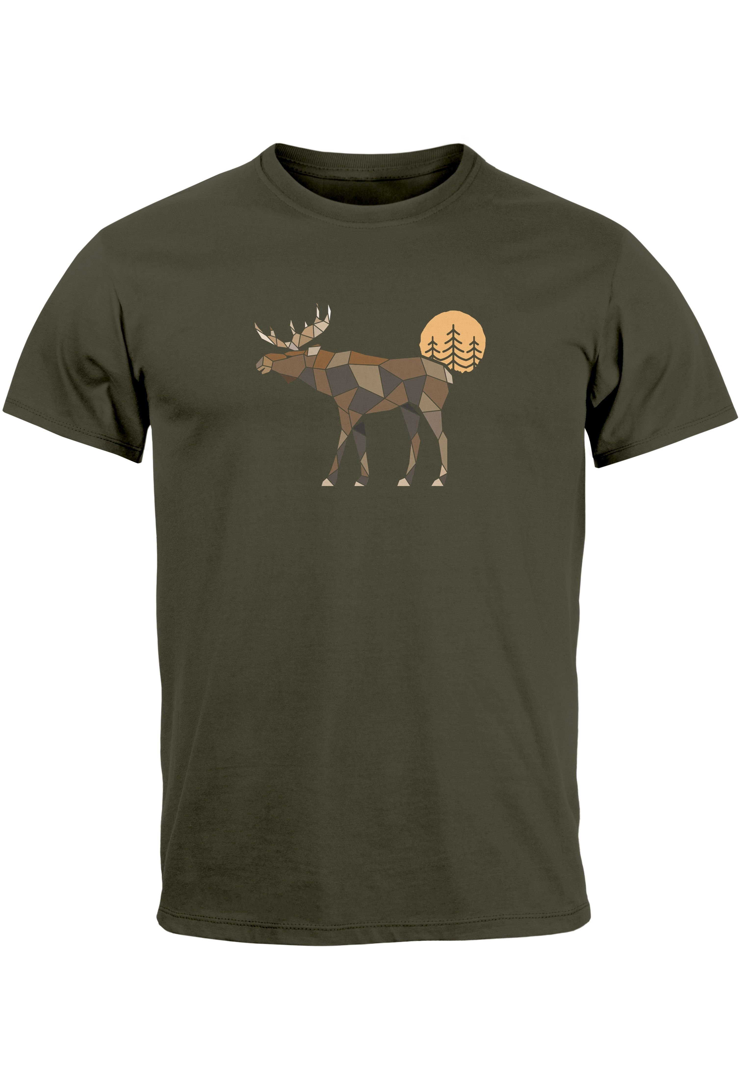 Neverless Print-Shirt Herren T-Shirt Shirt Printshirt mit Aufdruck Polygon Elch Outdoor Moti mit Print army