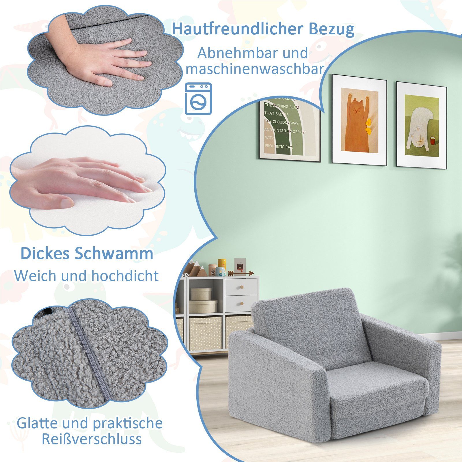 1 60 2 COSTWAY Schlafsofa, in 43 40cm x x klappbar, Kindersofa grau