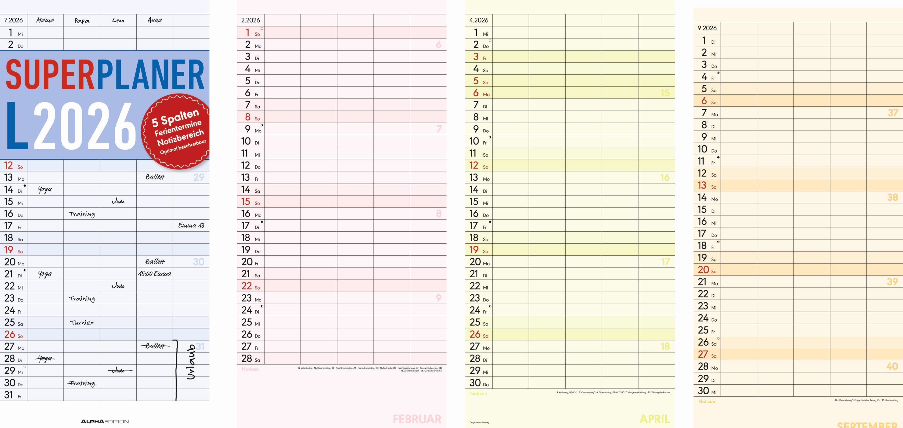 Alpha Edition Wandkalender AlphaEdition 160319 Familienkalender XL - 22 x 45 cm, 5 Spalten