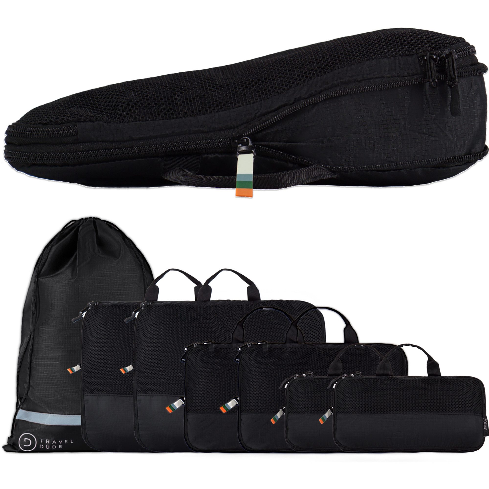 TRAVEL DUDE Kofferorganizer, Packing Cubes aus recycelten Plastikflaschen (ultraleichte Packwürfel, 7-tlg., Packing Cubes für Rucksack und Koffer, Packtaschen), mit Kompression und einem Nassfach