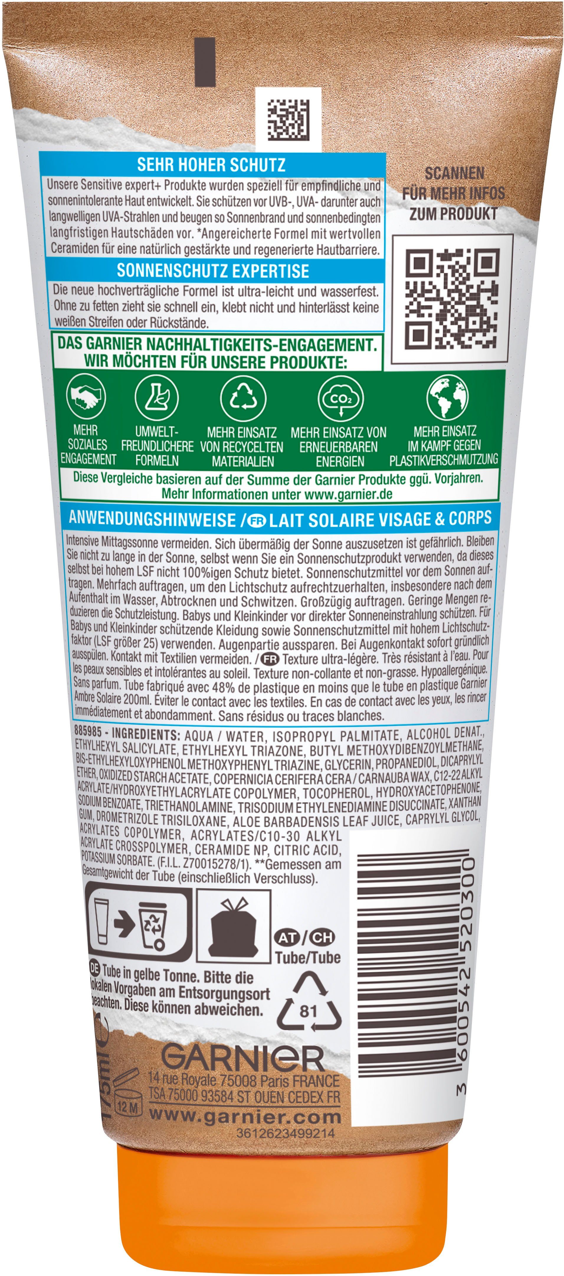 GARNIER Sonnenschutzmilch AMBRE SOLAIRE SENSITVE EXPERT+ LSF50+, schützt, zieht schnell ein, keine Rückstände