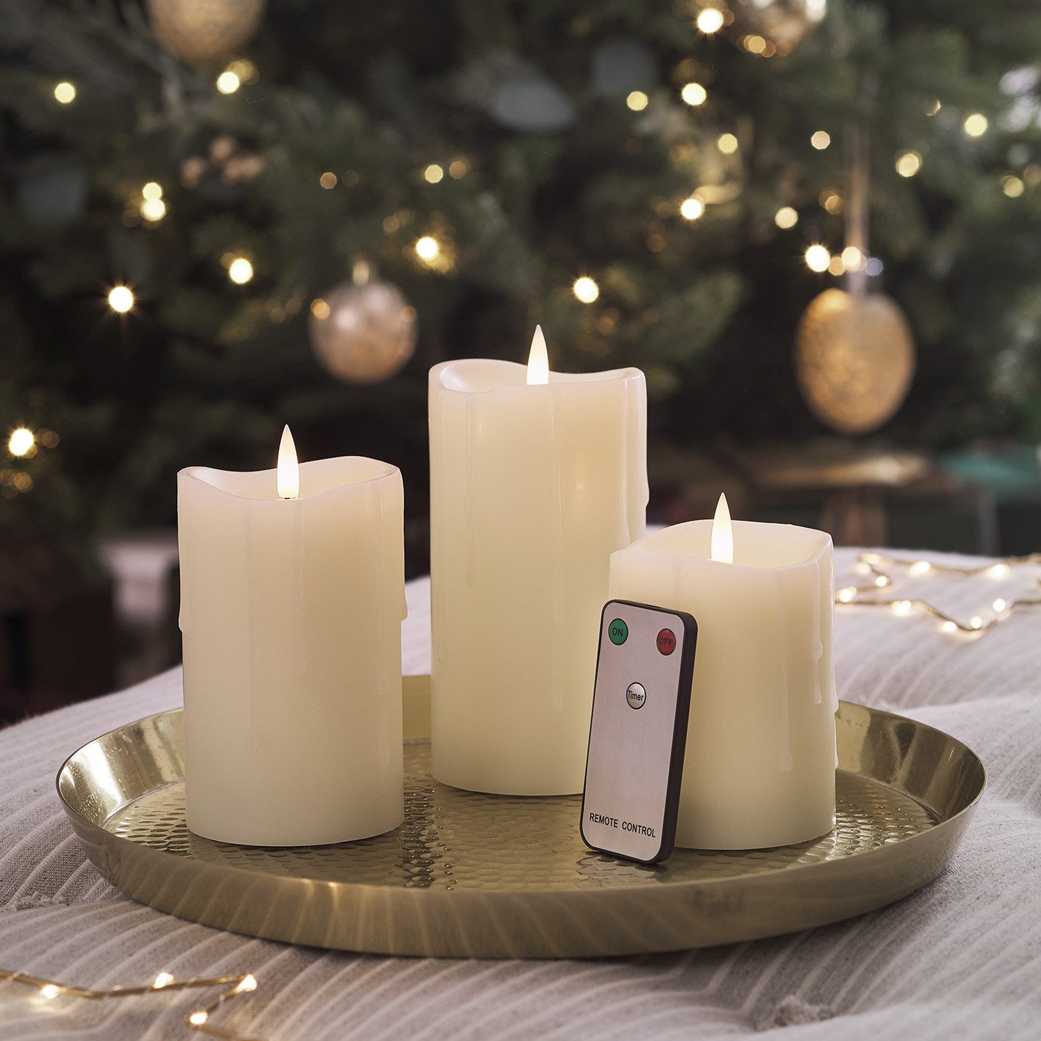 Lights4fun LED-Kerze TruGlow® LED Kerzen Echtwachs Trio mit Wachstropfen mit Fernbedienung