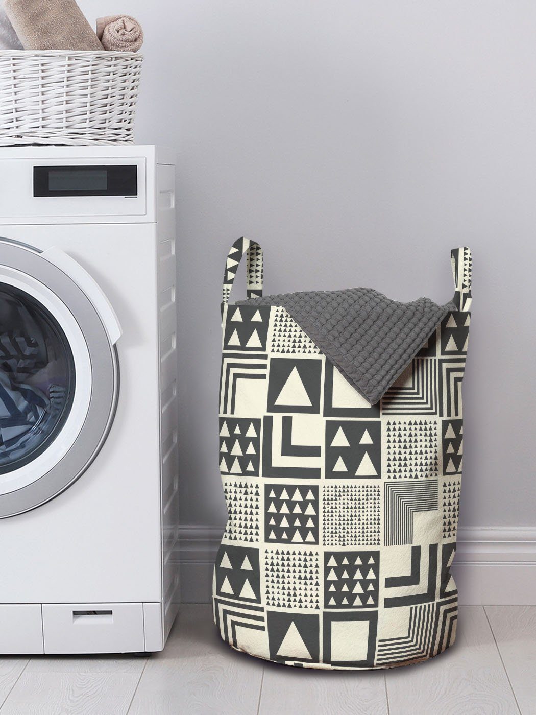 Kordelzugverschluss inspiriert geometrisch Griffen Art mit Wäschesäckchen Deco Waschsalons, Boho Abakuhaus Wäschekorb für