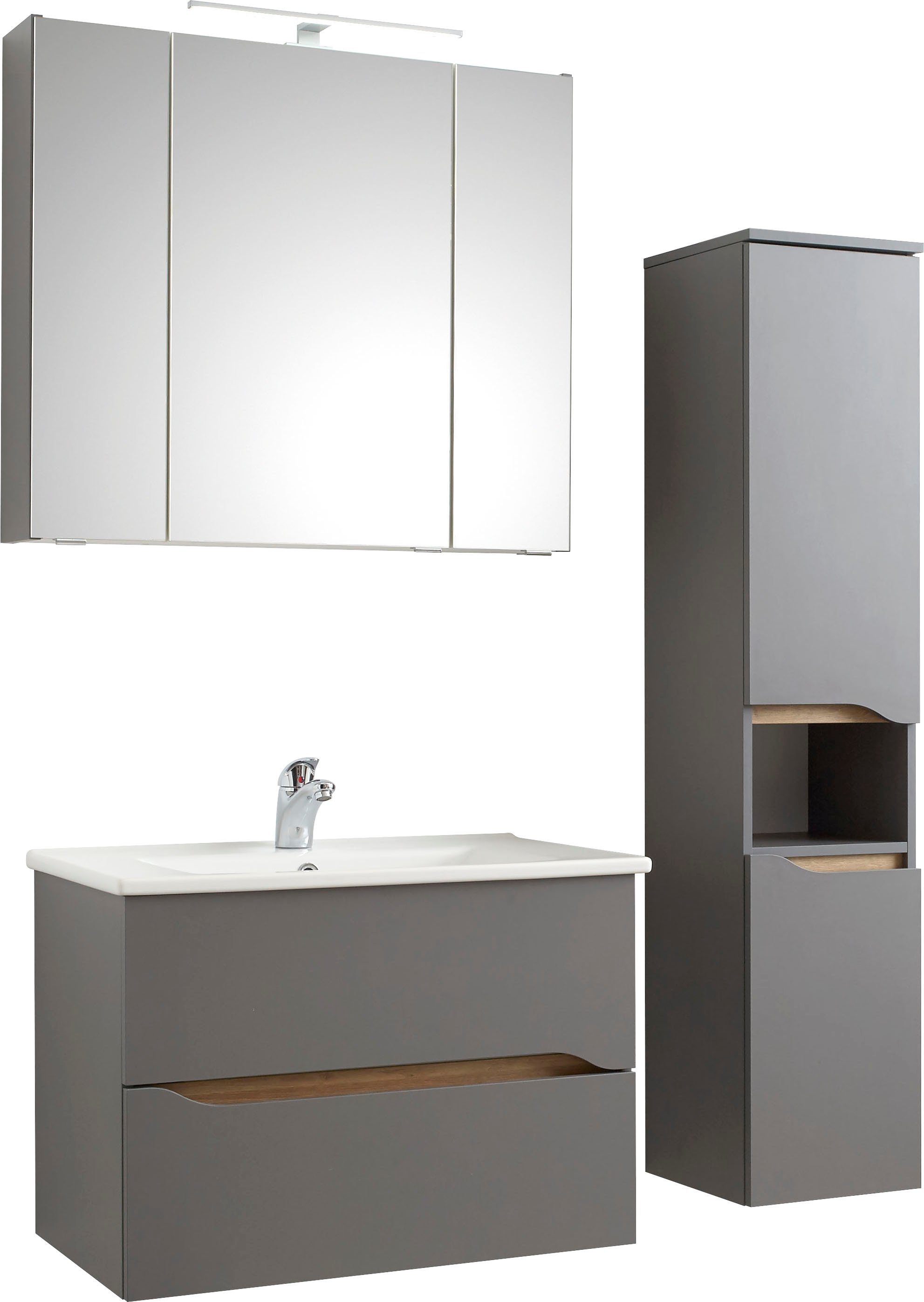 Saphir Badmöbel-Set Quickset 3-teilig, Keramikwaschtisch mit LED-Spiegelschrank, (3-St), Midischrank, inkl. Türdämpfer, 2 Schubladen, 5 Türen, 8 Einlegeböden