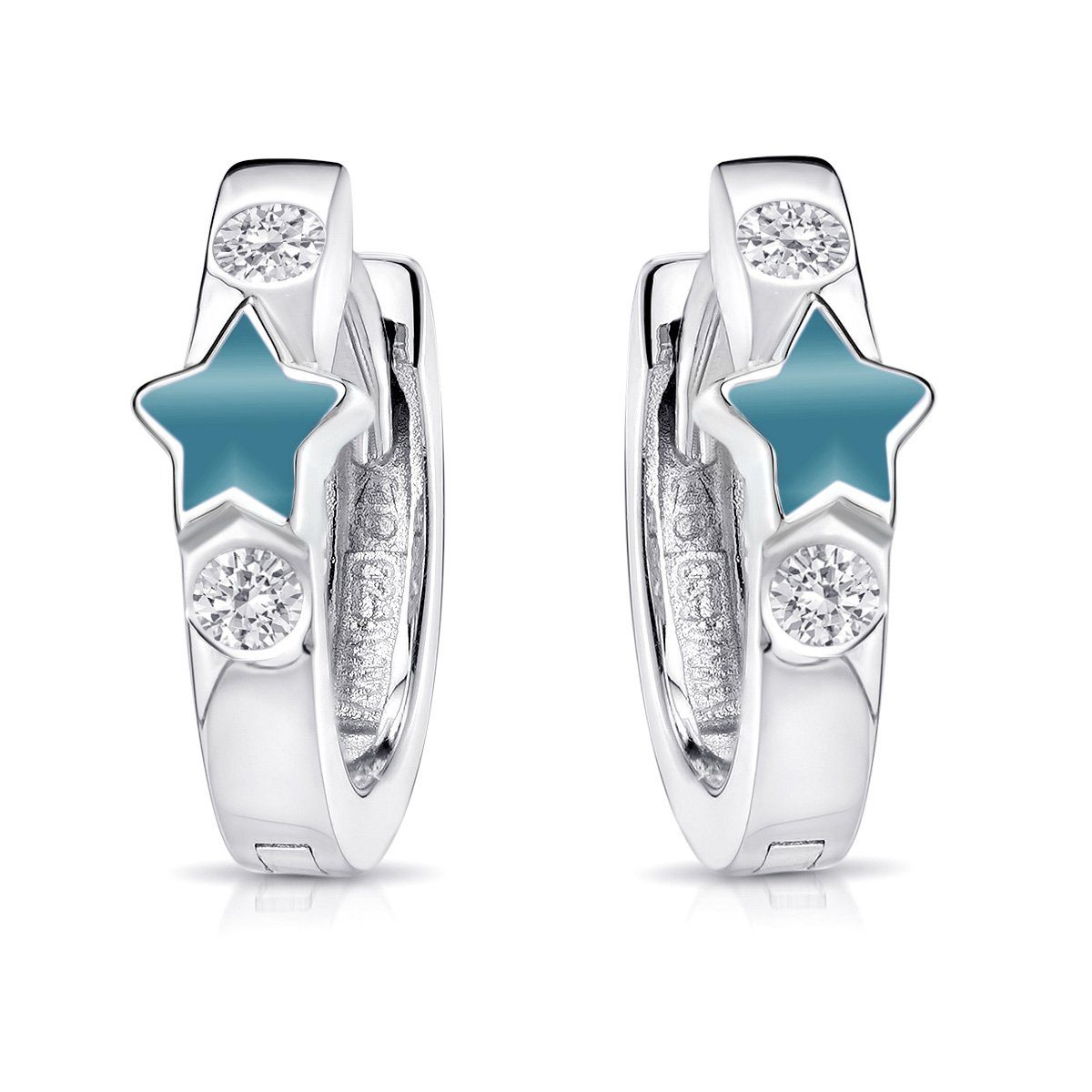 Materia Paar Creolen Kinderohrringe Zirkonia Stern Türkis SO-401, 925 Sterling Silber, rhodiniert