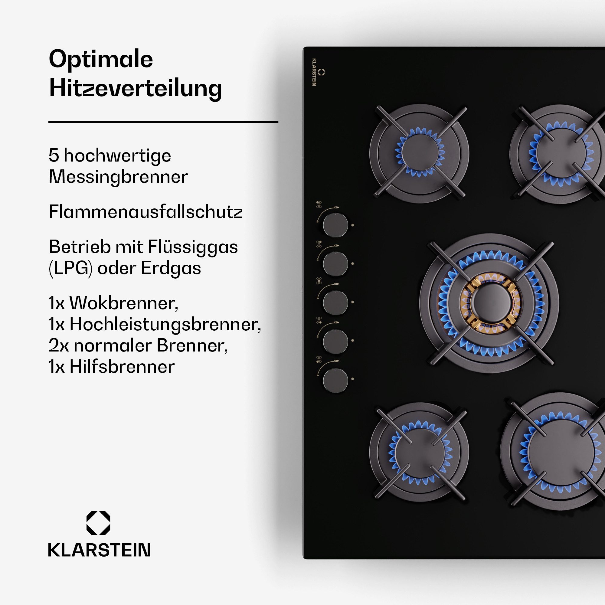 Klarstein Gas-Kochfeld Goldflame 10045626, Kochfelder Gas Hob 5 Zonen Glaskeramik Einbau – Bild 4 von 5