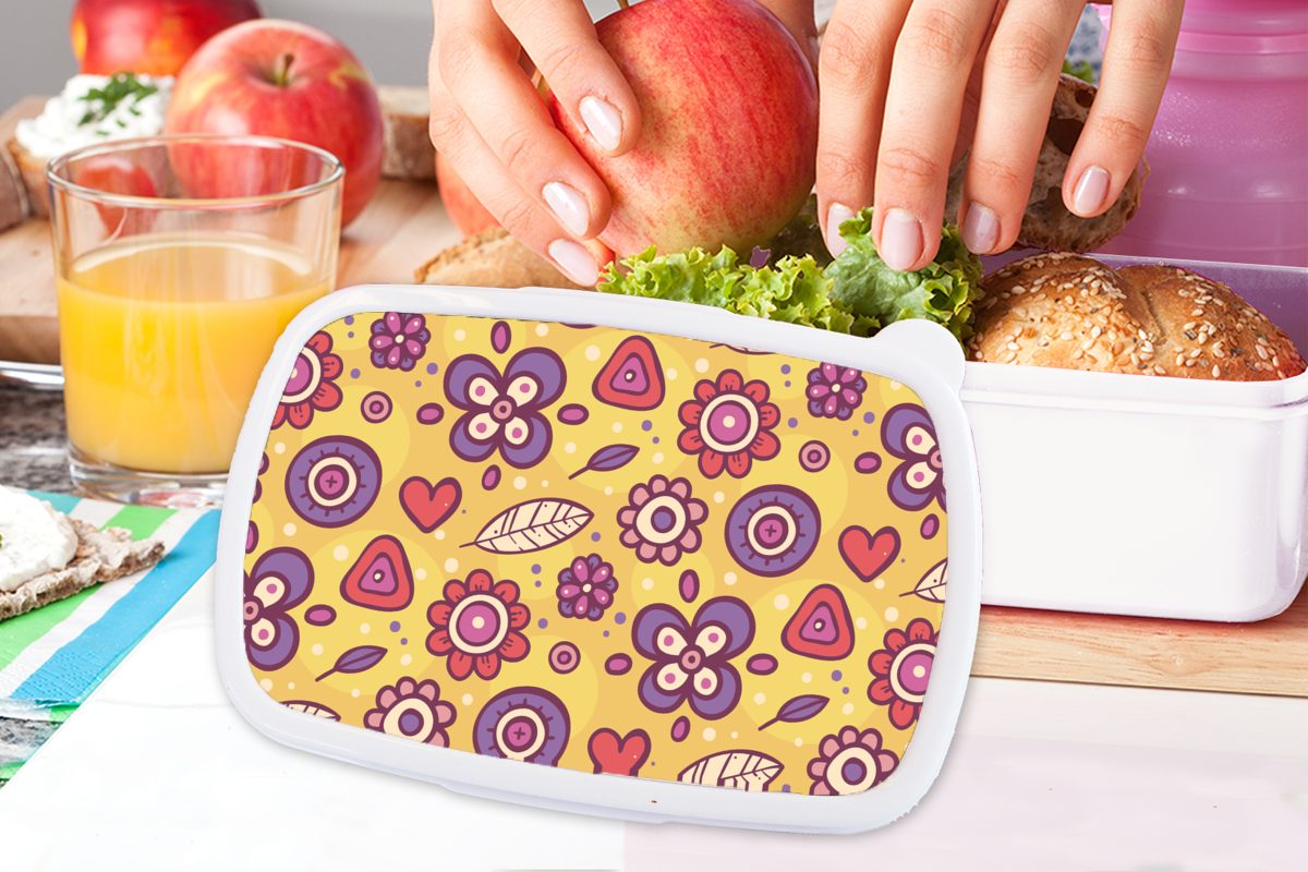 MuchoWow Lunchbox Muster - Blumen Brotdose, - Kunststoff, für Jungs weiß für Orange, - Mädchen Kinder und Lila (2-tlg), Brotbox Erwachsene, und
