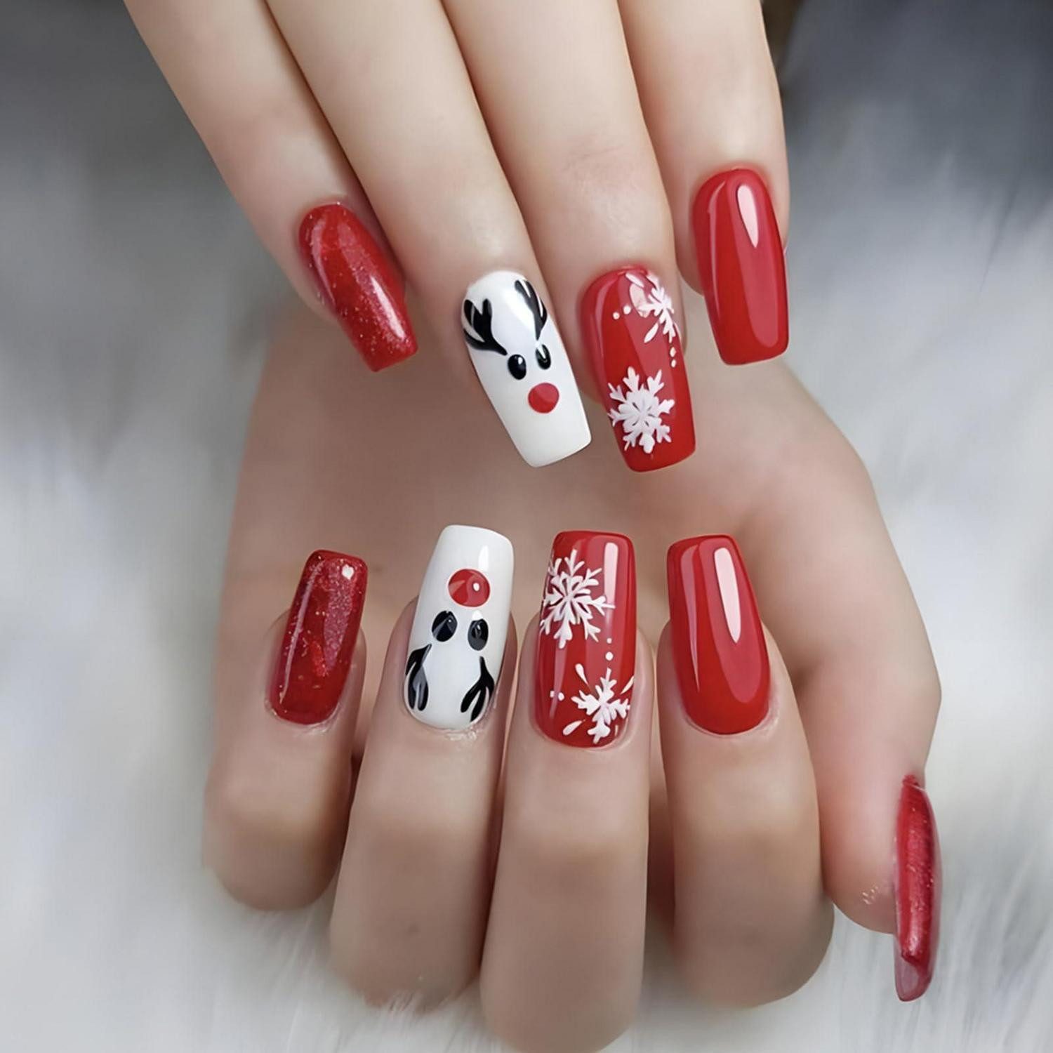 LuxusKollektion Kunstfingernägel Press on Nails Weihnachten Elch Schneeflocke Eckig Rot