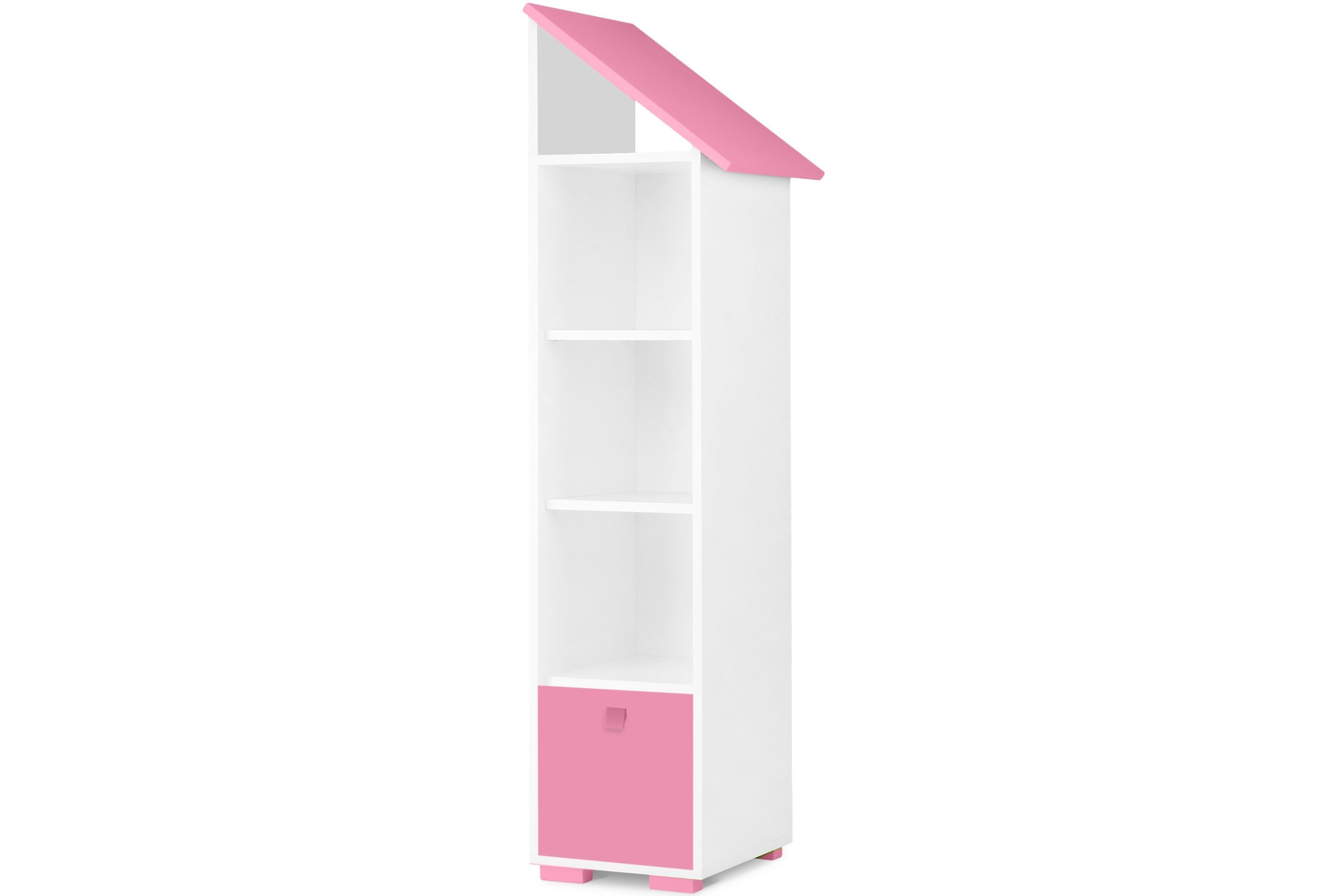 Konsimo Kinderregal Bücherregal mit Türen PABIS, Kinderbuchregal mit Tür, Hochregal, in Pastellfarben weiß/rosa