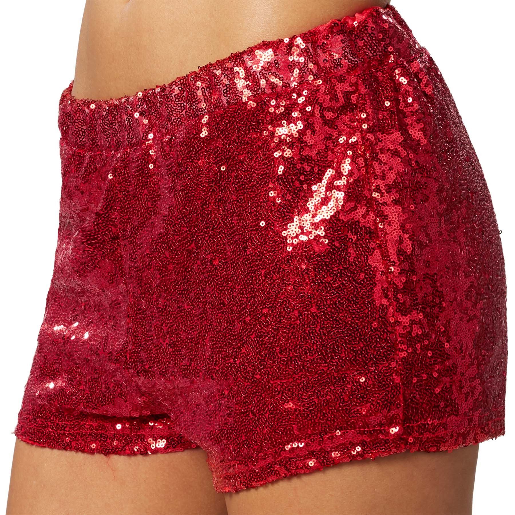 dressforfun Hotpants Shorts mit glänzenden Pailletten, für viele Outfits und Anlässe (Kurzhose, Konfektionsgröße L in rot) Hoher Tragekomfort, guter Sitz, Bund mit Gummizug, Länge ca. 28 cm