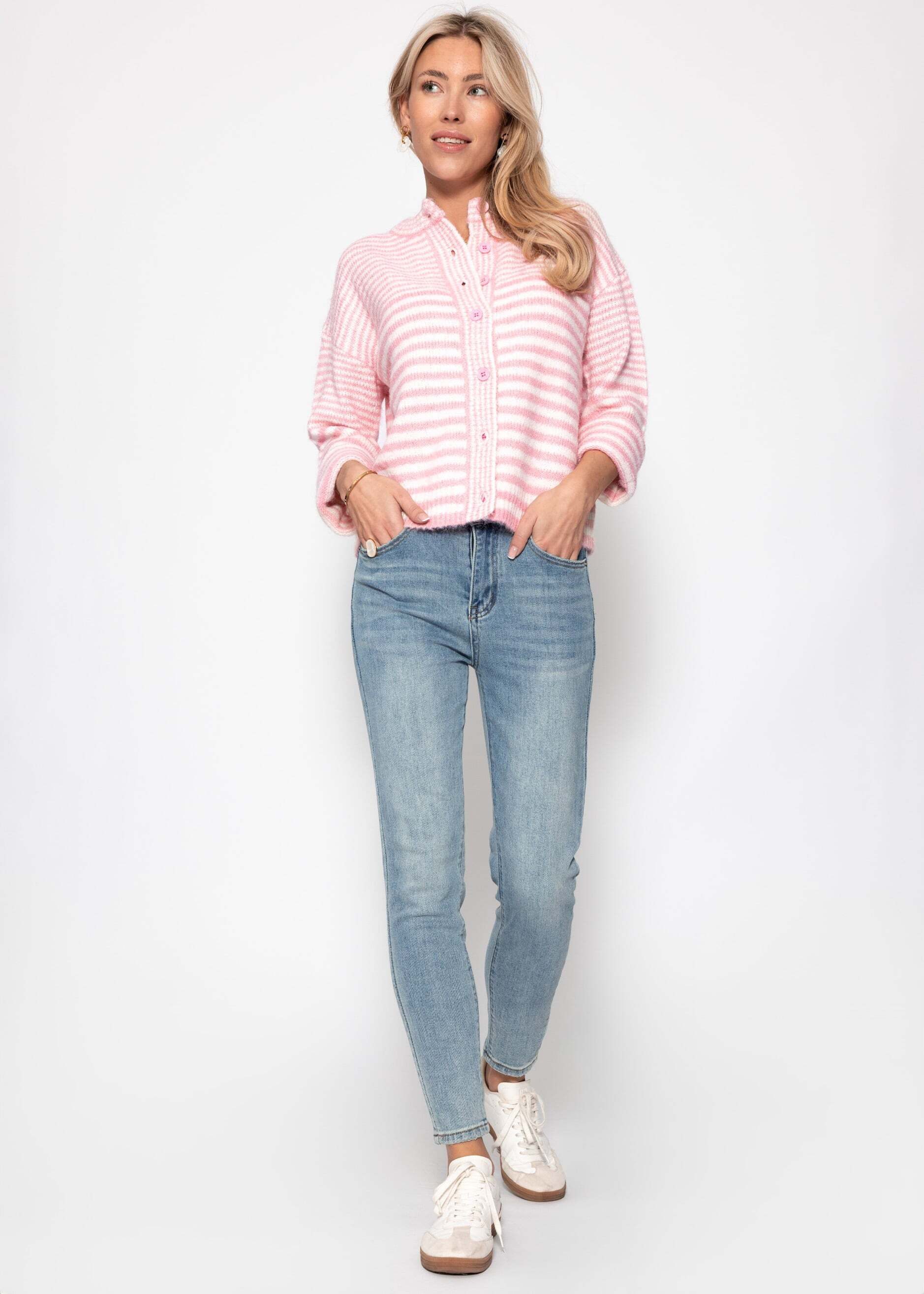 SASSYCLASSY Cardigan Strickjacke mit grafischem Streifenbild für Damen Weicher Cardigan mit durchgehender Knopfleiste im lockeren Schnitt – Bild 5 von 5