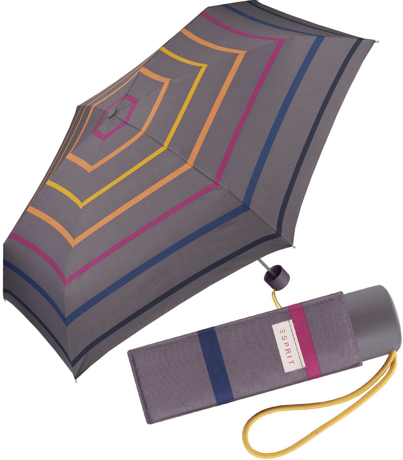 Esprit Taschenregenschirm kleiner, handlicher Schirm für Damen, stabil, leicht, mit jugendlichem Streifen-Muster grau