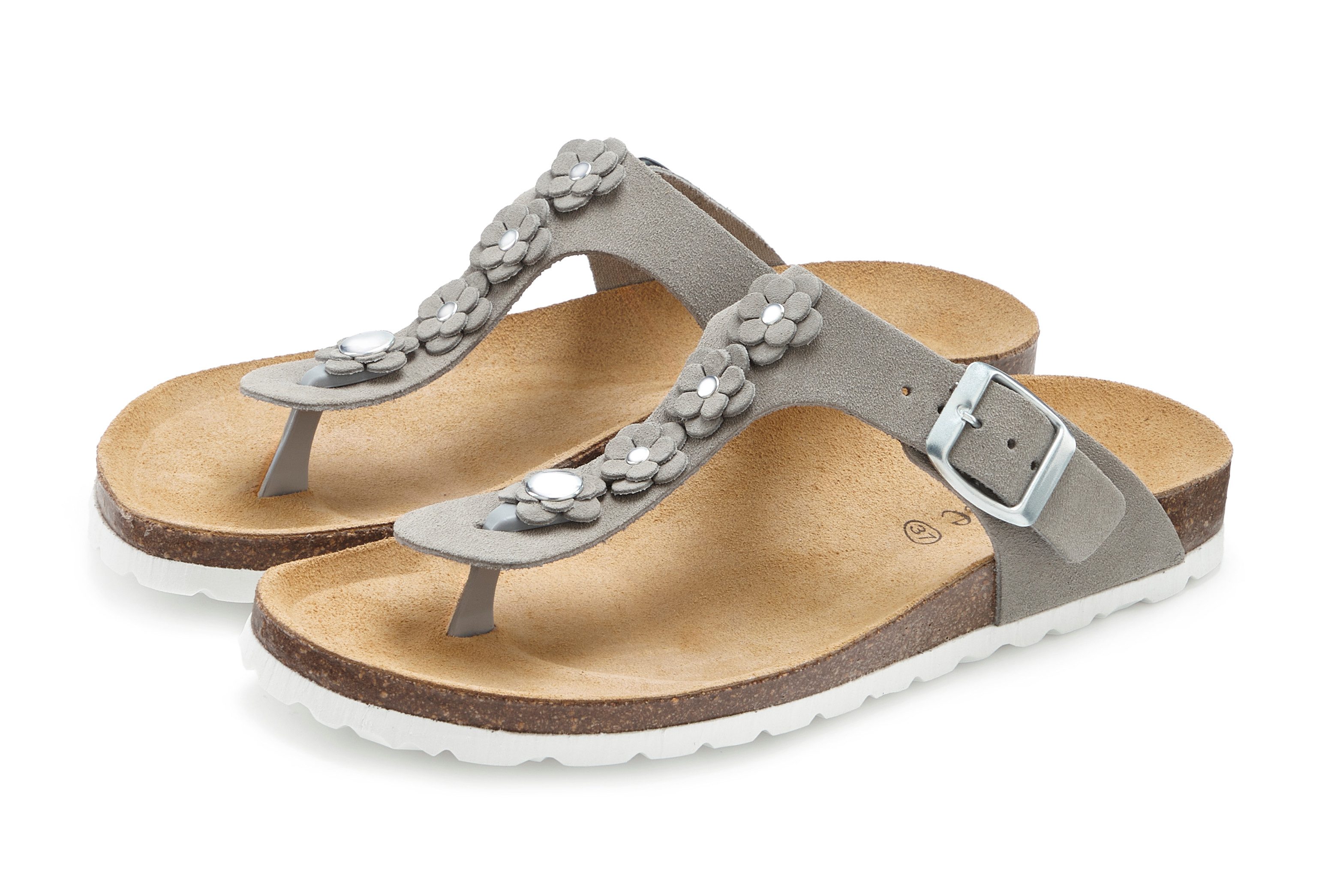Vivance Mule, Sandale, offener Schuh, Sommerschuh, aus Leder mit Korkfußbett und Blüten-Applikation. € 59,99