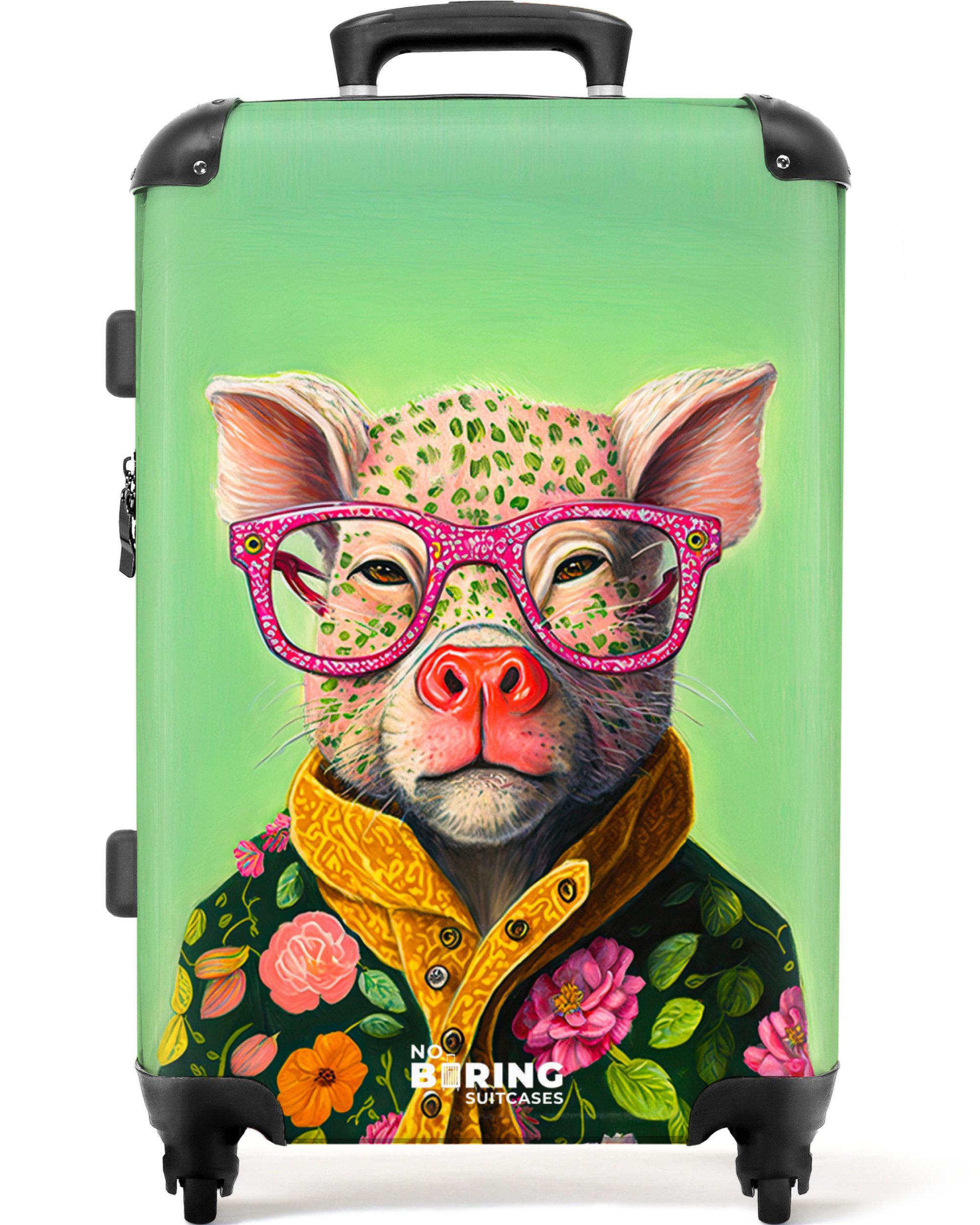 Hartschalen-Trolley mit leuchtende Räder - Brille - Rosa - Schwein - Blumen - Tier 67 cm -