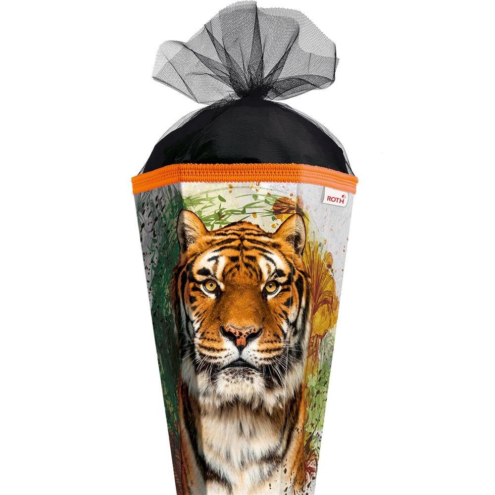 Roth Schultüte Tiger, 85 cm, eckig, mit schwarzem Tüllverschluss, Zuckertüte für Schulanfang