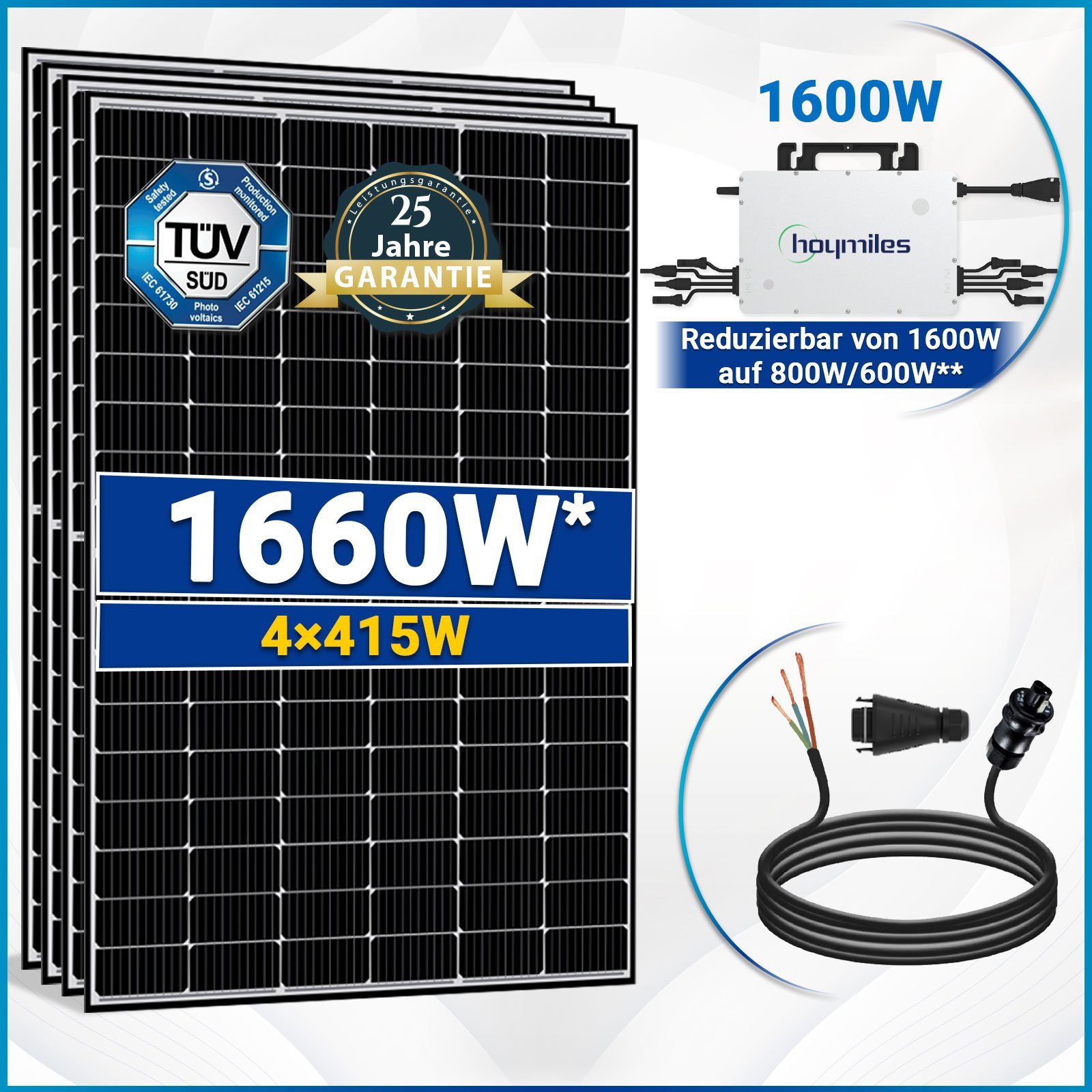 SOLAR-HOOK etm Solaranlage 1660W/1600W Wasserdichtigkeitsklasse, Hoymiles Ihr Steckerfertig Monokristalline Balkonkraftwerk, Haus Schutz, HMS-1600-4T Photovoltaik für IP67-zertifizierten Wechselrichter, und Zuverlässigkeit Antireflexbeschichtung), (robuste Haltbarkeit