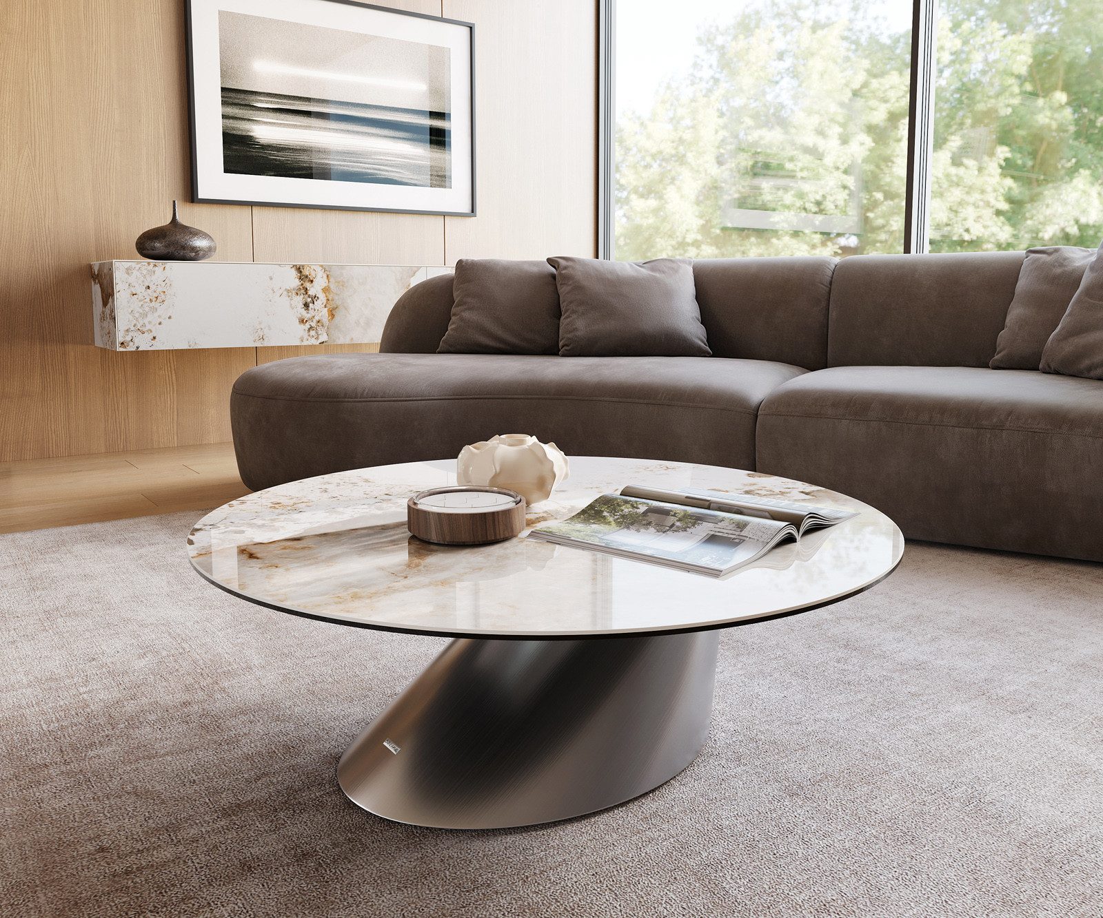 DELIFE Couchtisch Edge, Rund 100x100 cm Keramik Minas Melange Conis Edelstahl gebürstet