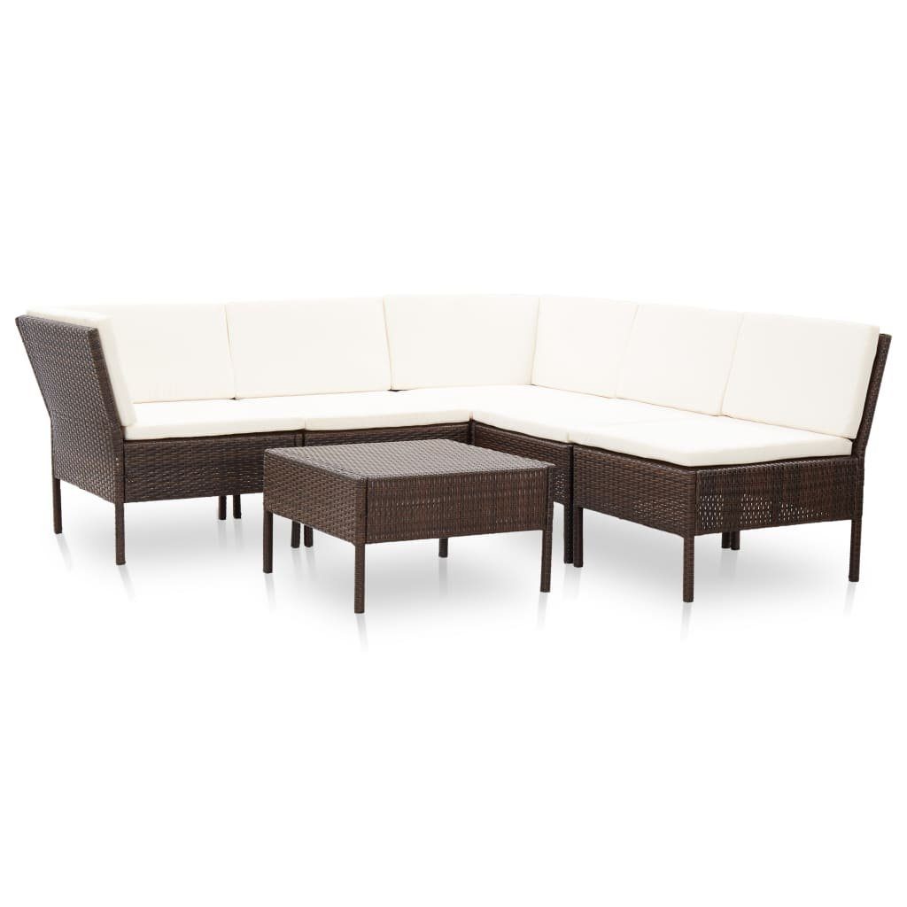 vidaXL Gartenlounge-Set 6-tlg. Garten-Lounge-Set mit Auflagen Poly Rattan Braun, (6-tlg)