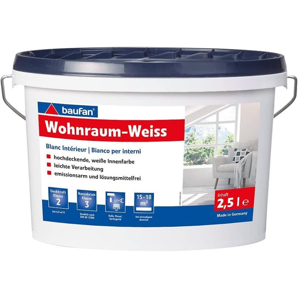 baufan® Wandfarbe baufan Wohnraum-Weiss 2,5 l Hochdeckende Innenfarbe Matt weiß, Hochdeckend und matt