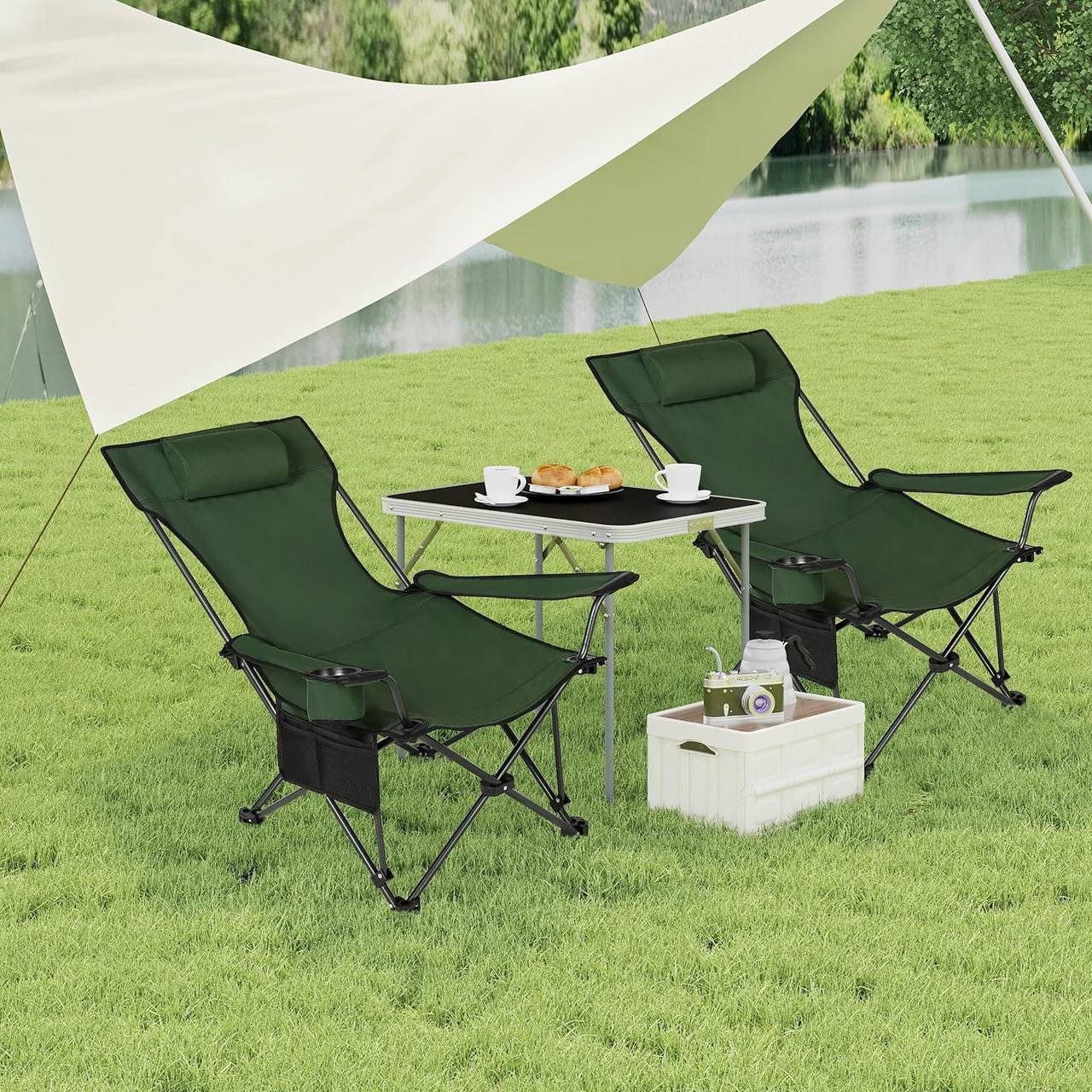 Grün Woltu Campingstuhl (2 St), mit Outdoor klappbar für Getränkehalter Armlehnen