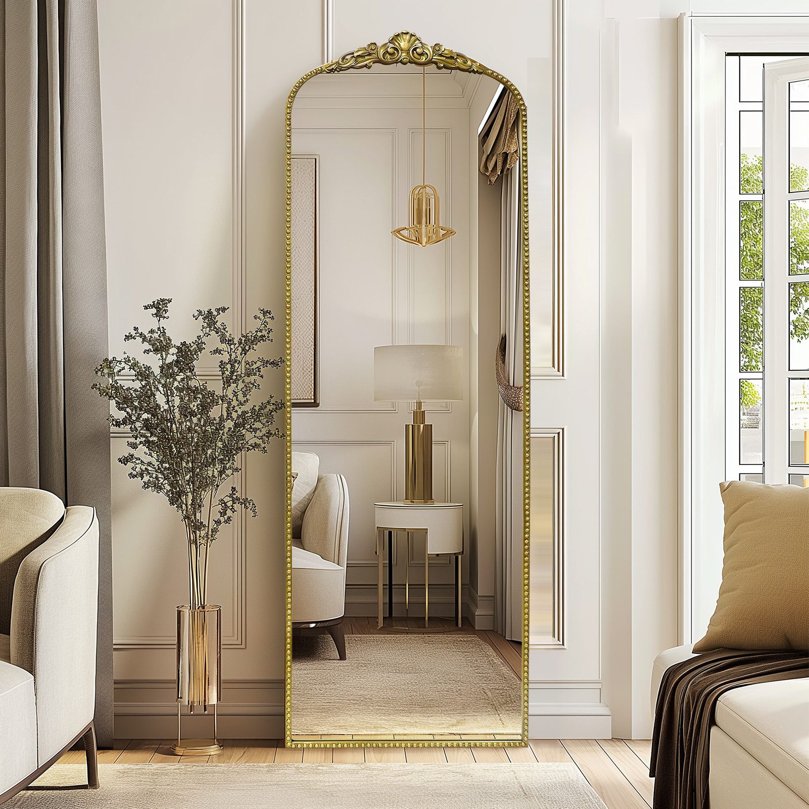 Spiegel Antiker Spiegel im Barockstil mit Metallrahmen von Perlenverzierung