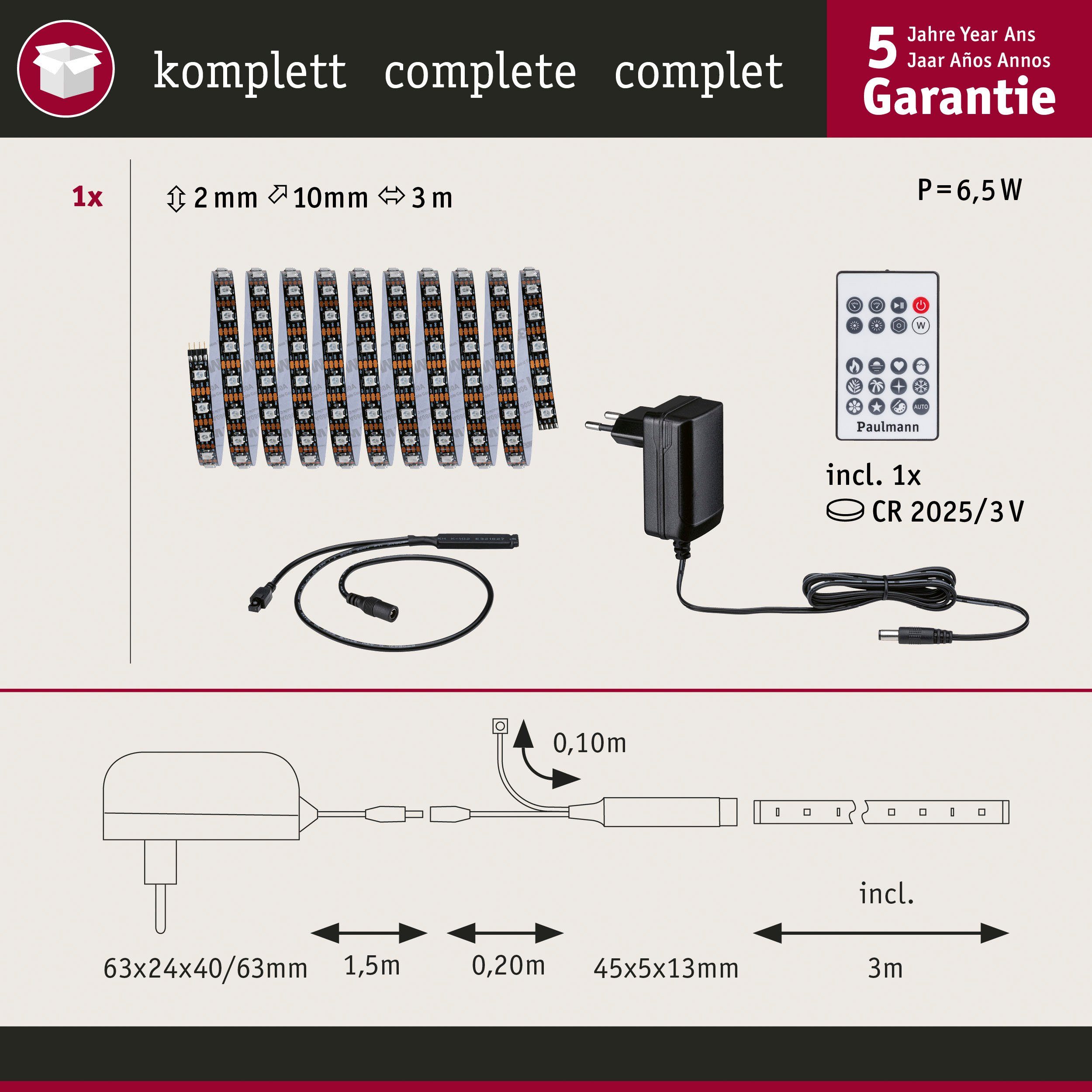 LED-Streifen 1-flammig 10VA, Rainbow 60LEDs/m 3m 5W Paulmann RGB Dynamic