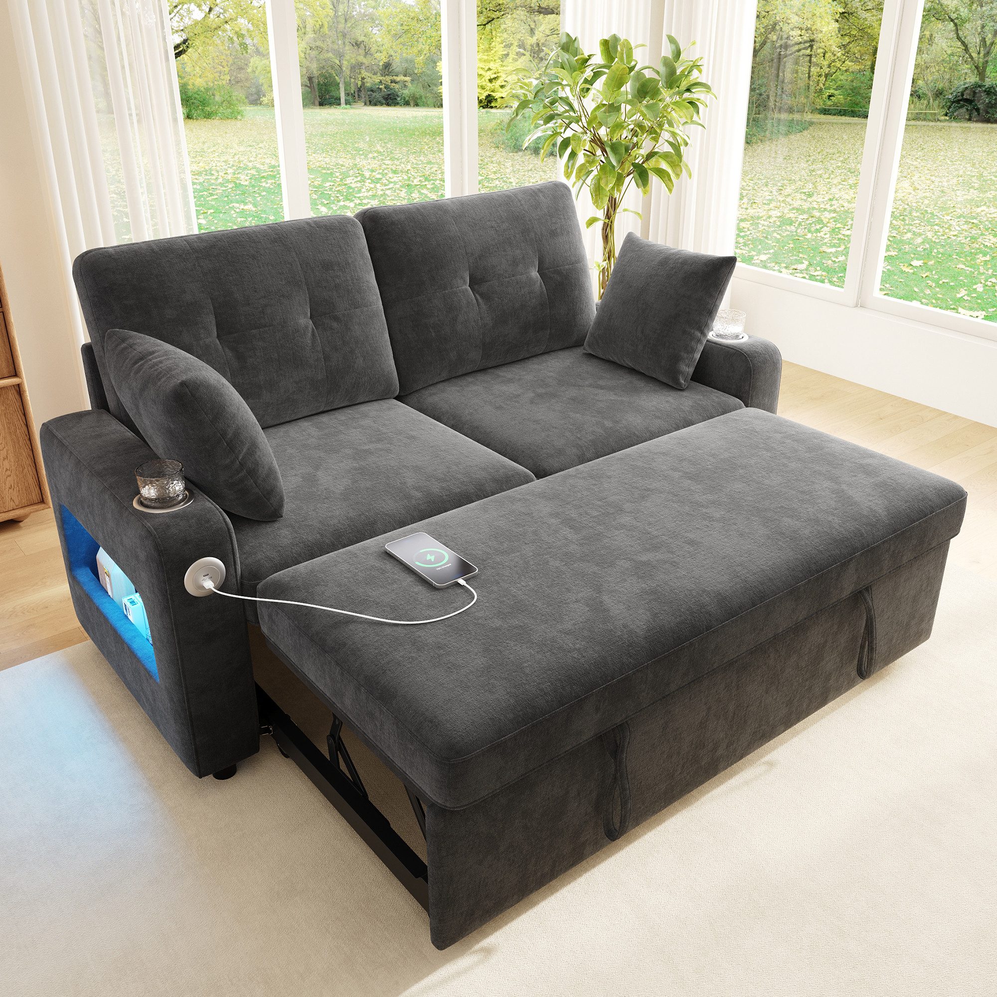 Merax Schlafsofa mit Schlaffunktion, LED-Beleuchtung, USB & Type-C Ladeanschluss, 2-Sitzer-Sofa aus Chenille 1 Teile, ausziehbares Sofabett mit Getränkehalter, Armlehnen-Stauraum, 2 Kissen