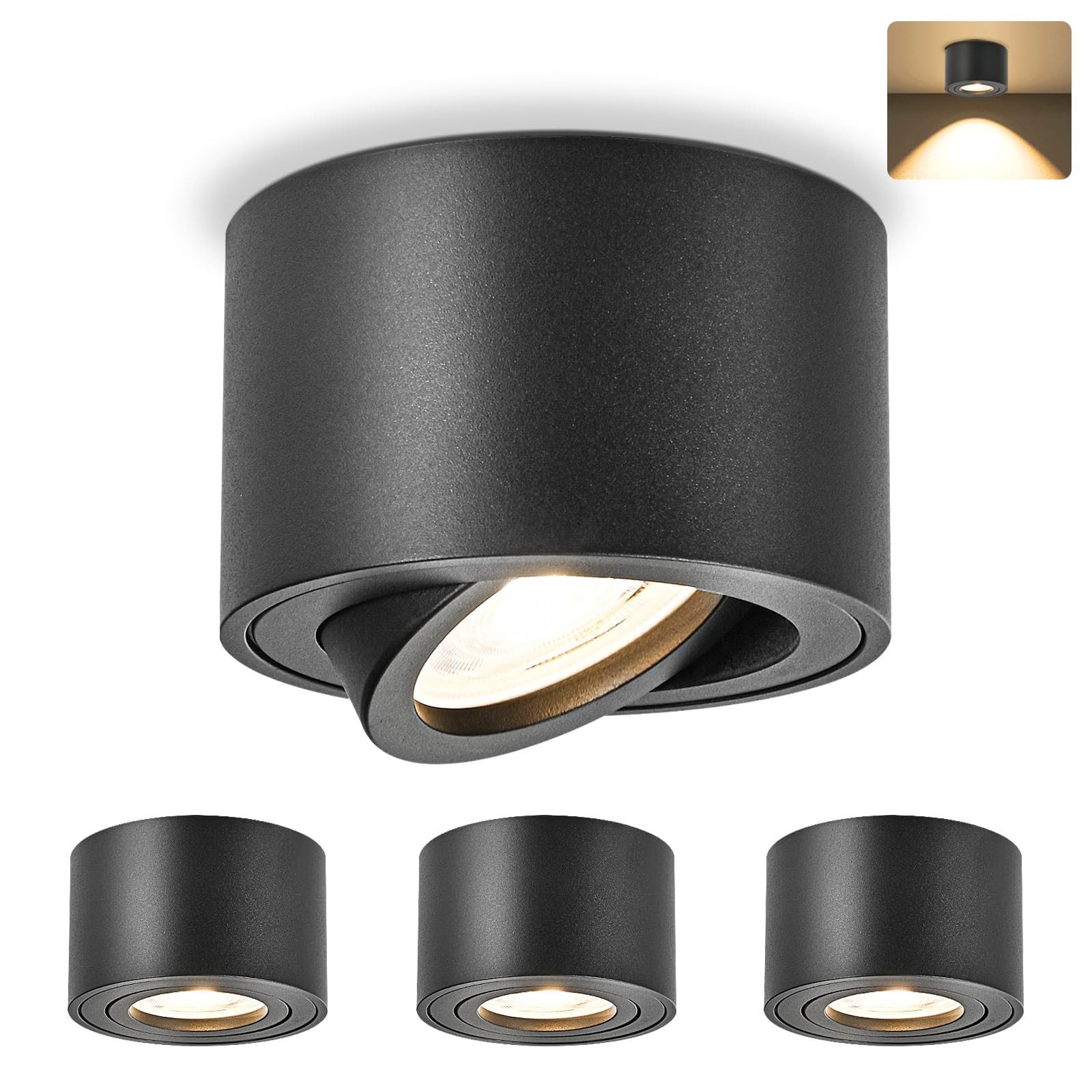 GeyouLux Aufbauleuchte LED Aufbauspot, Aufbaustrahler, Deckenspots Ø80x50mm Rund, Warmweiß, LED Modul 230V 30° Schwenkbar Extra Flach Aufputz Spots 4 Stück