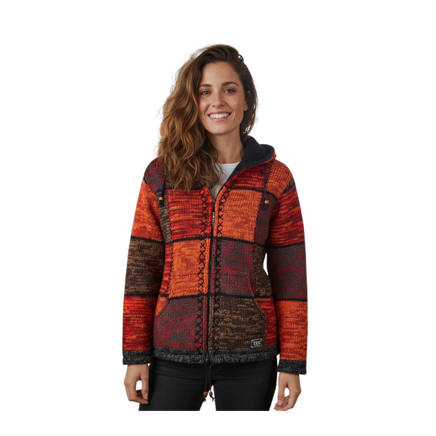 THC Natural Line Strickjacke THC Strickjacke 815 rote Quadrate (1 Stück, 1-tlg., 1 Stück) Strickjacke mit abnehmbarer Kapuze