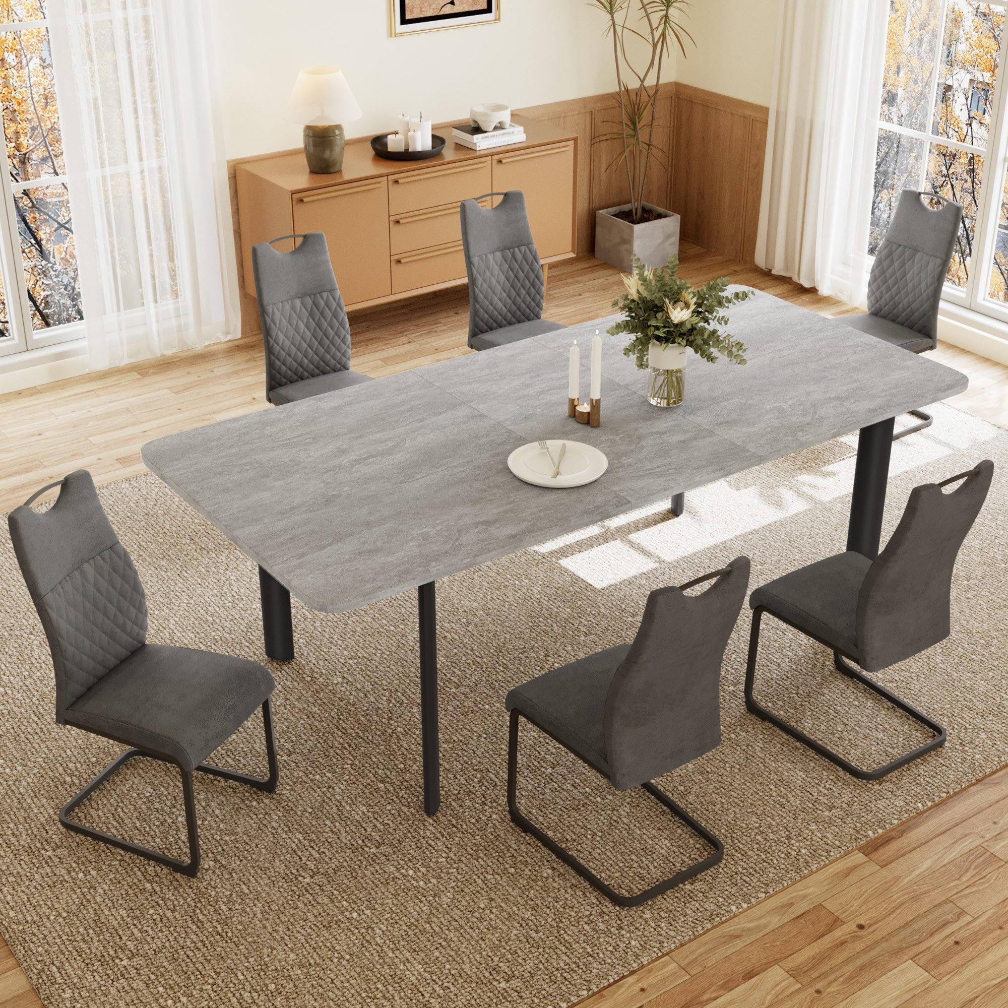 Jiexi Essgruppe Esstisch Mit 6-8 Stühlen Set, Essgruppe Tisch Ausziehbar 160-200cm